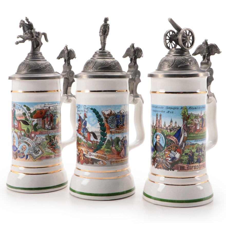 German "Erinnerung an Meine Dienstzeit" Miniature Ceramic Steins