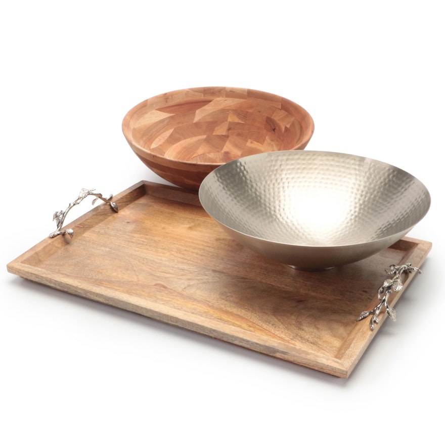 Snow River Handcrafted Wooden Bowl with Hammered Metal Bowl and Serving Tray