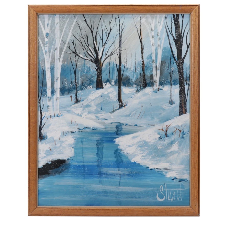 Vanguard Studios Acrylic Painting of Snowy Creekside, Late 20th Century