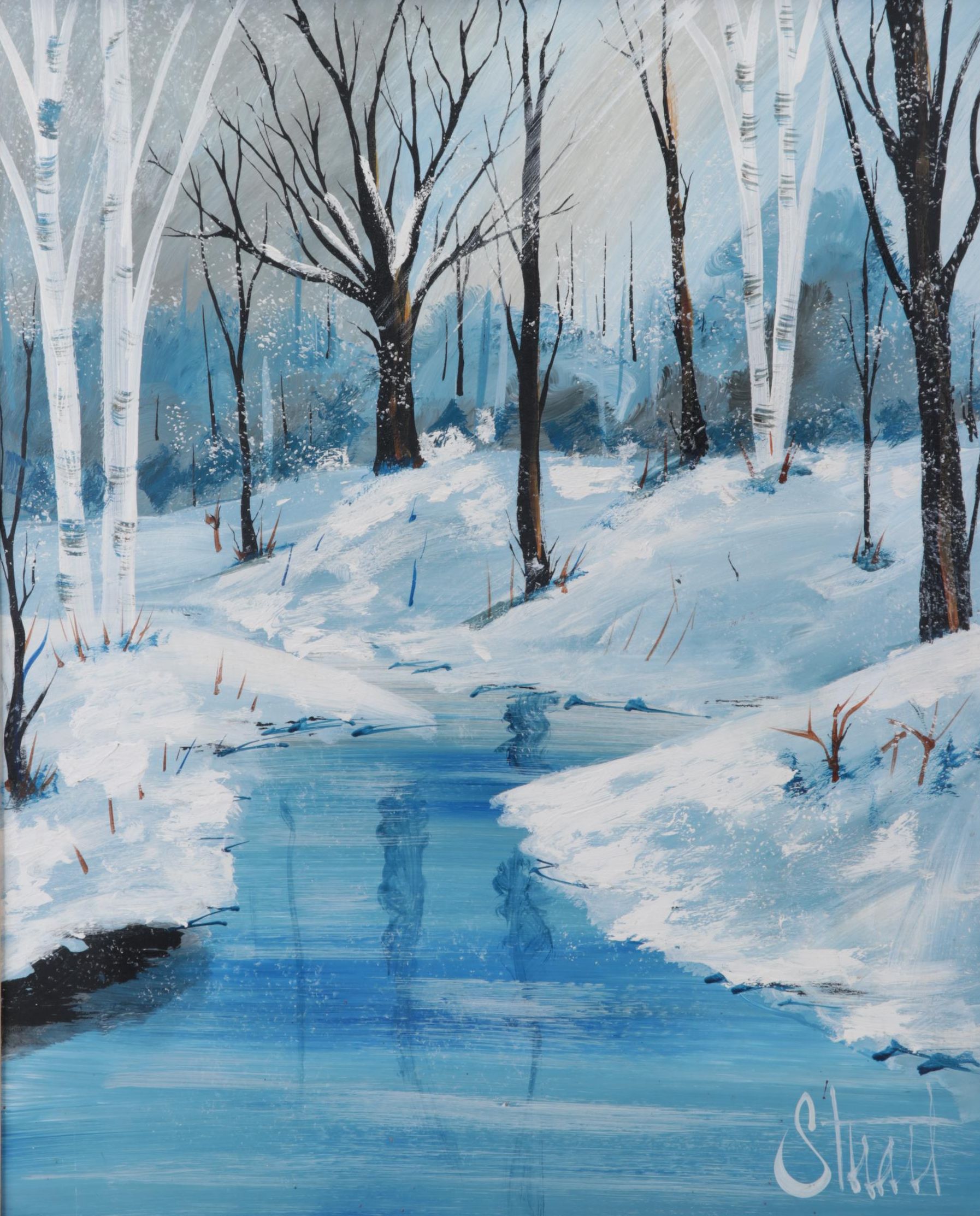 Vanguard Studios Acrylic Painting of Snowy Creekside, Late 20th Century