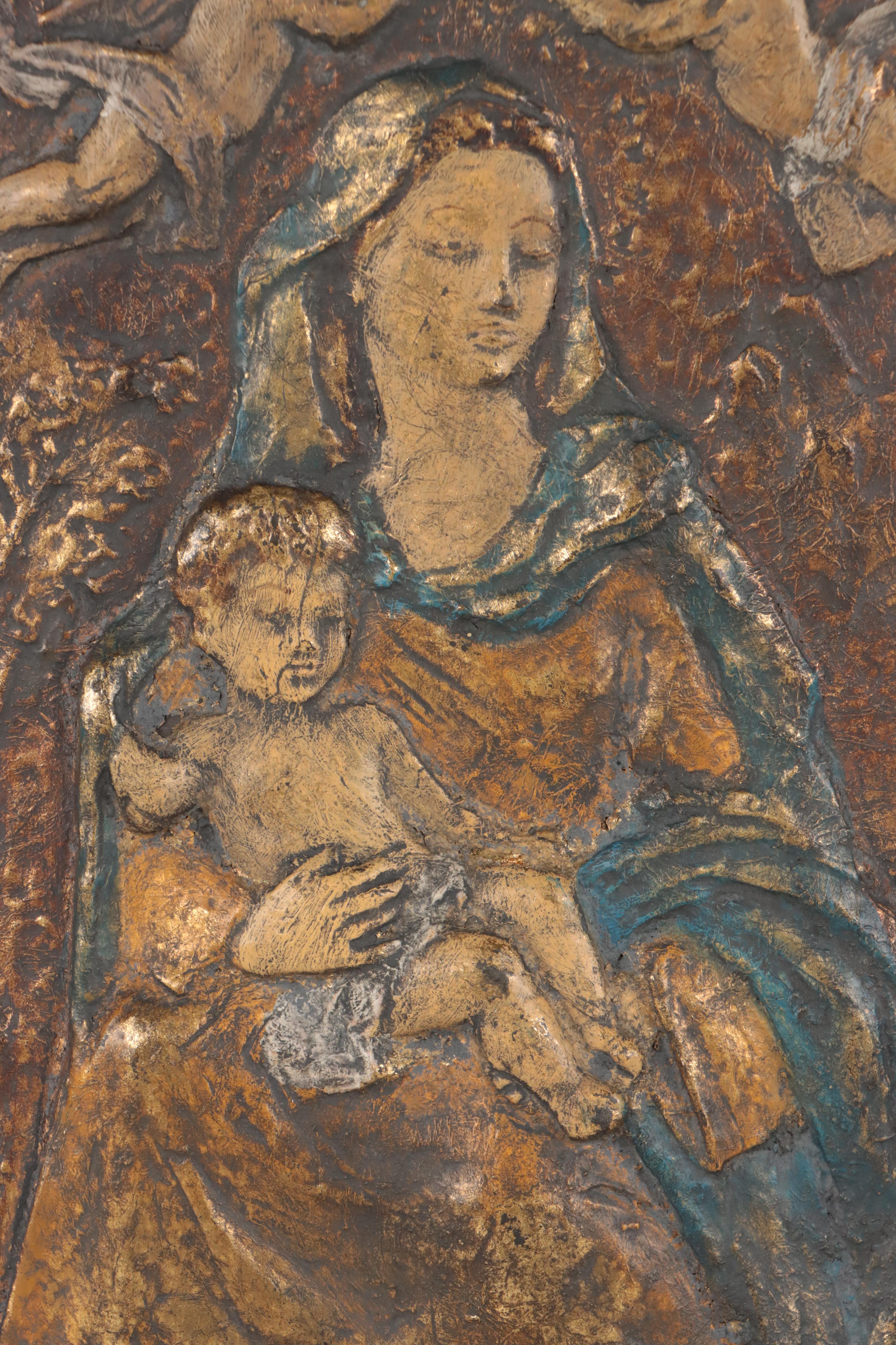 Hand-Painted Cast Metal Reliefs of Madonna & Child Flanked by Angels