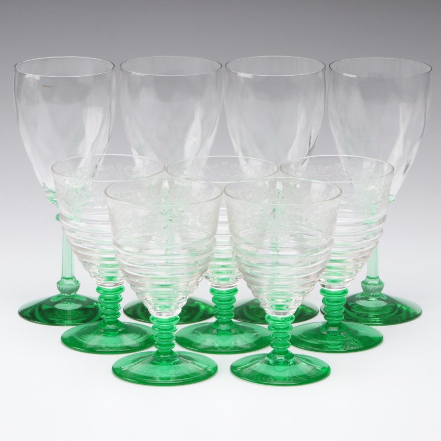 Bryce Uranium Glass Stem Water Goblets with Heisey Water Goblets