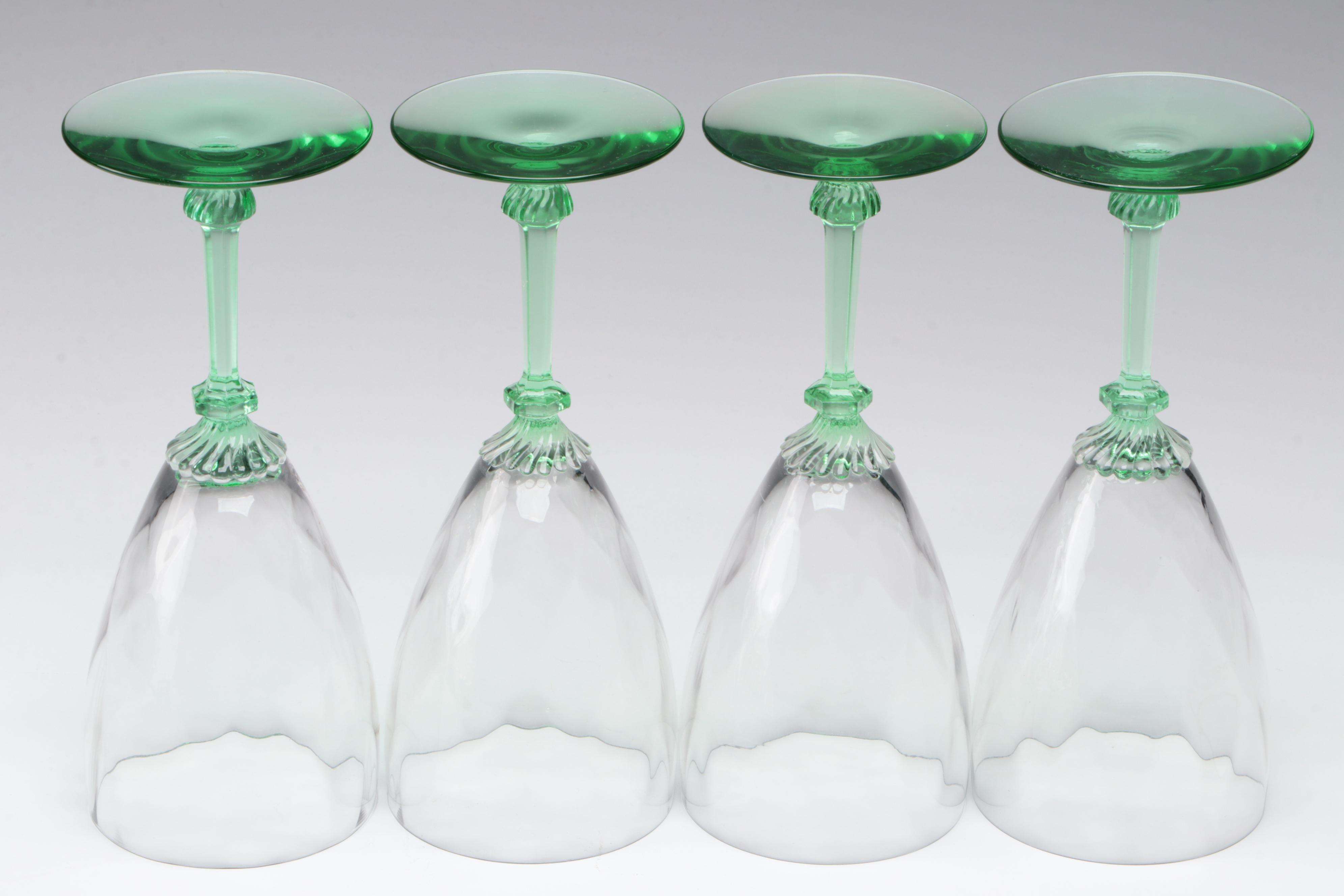 Bryce Uranium Glass Stem Water Goblets with Heisey Water Goblets