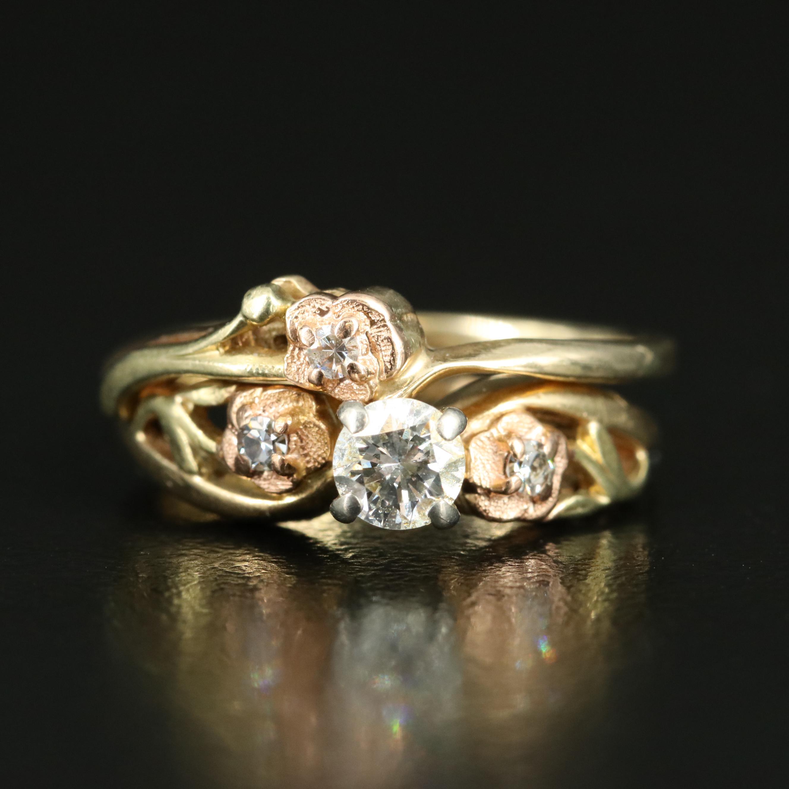 14K 0.29 CTW Diamond Floral Ring and Band Set with Rose Gold Accents