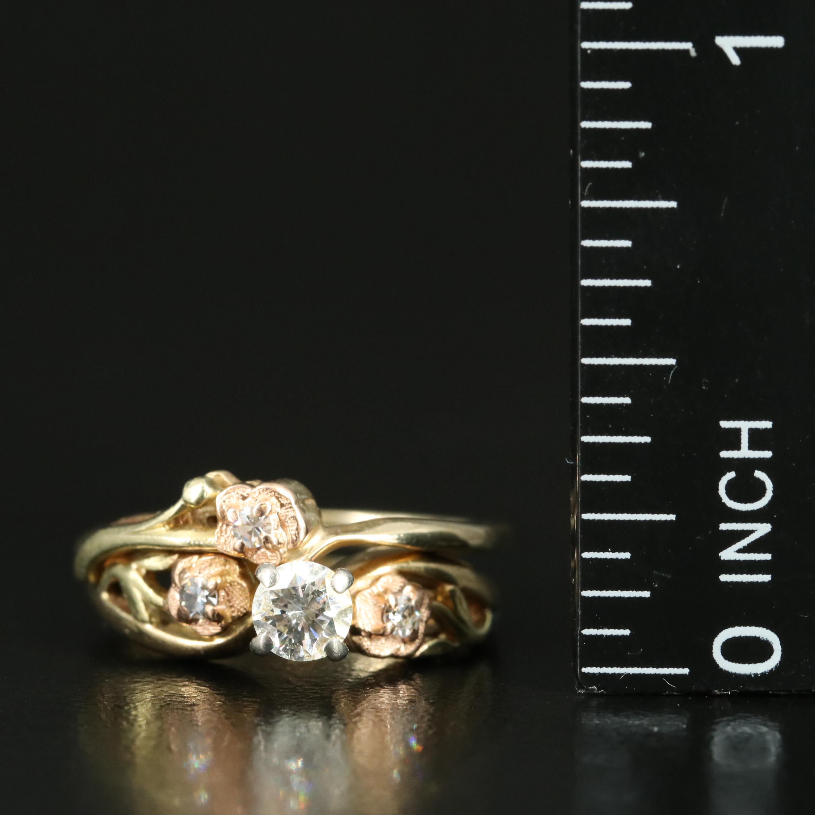 14K 0.29 CTW Diamond Floral Ring and Band Set with Rose Gold Accents