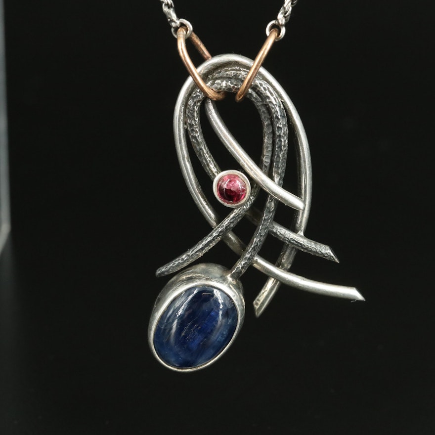 Sterling Kyanite and Tourmaline Pendant Necklace