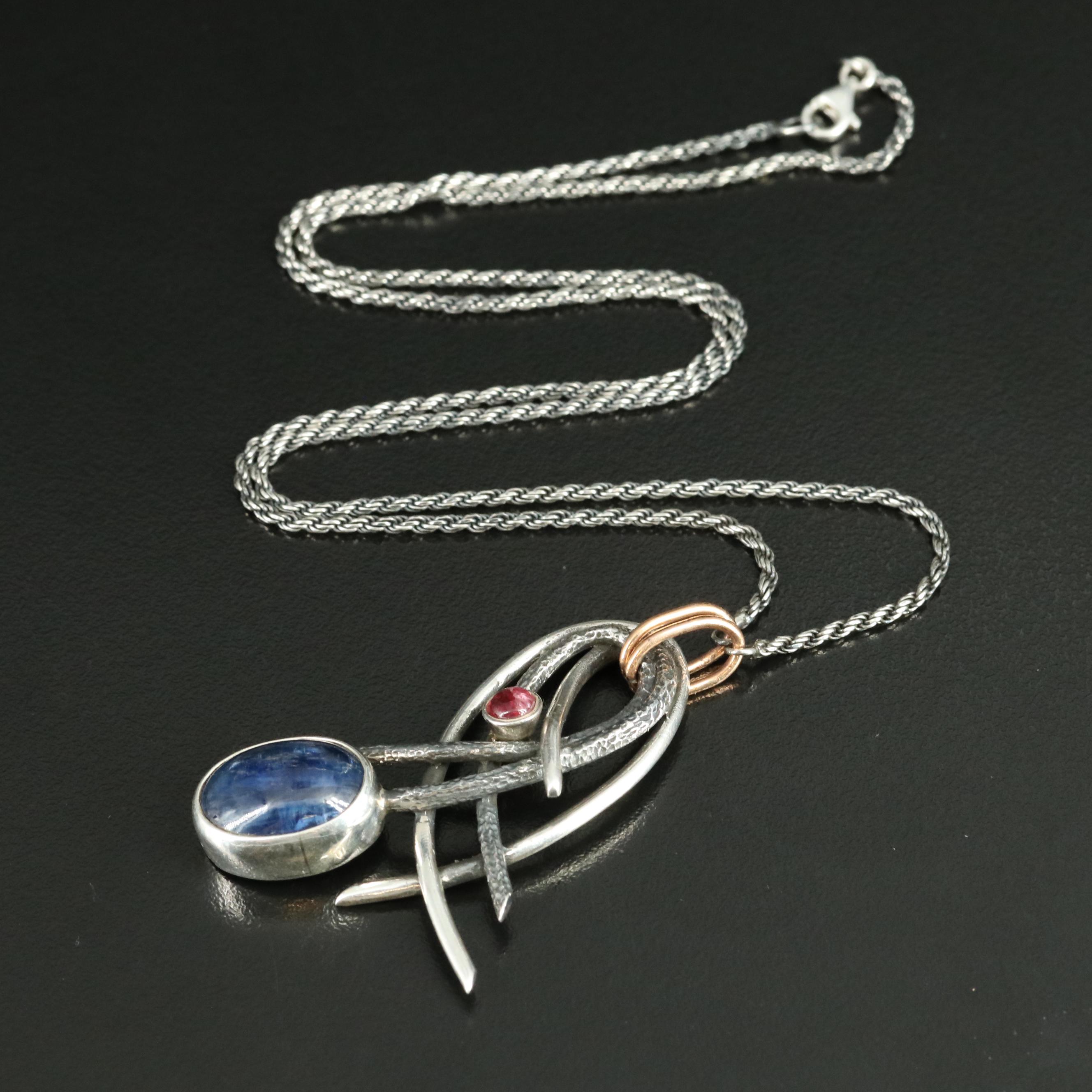 Sterling Kyanite and Tourmaline Pendant Necklace