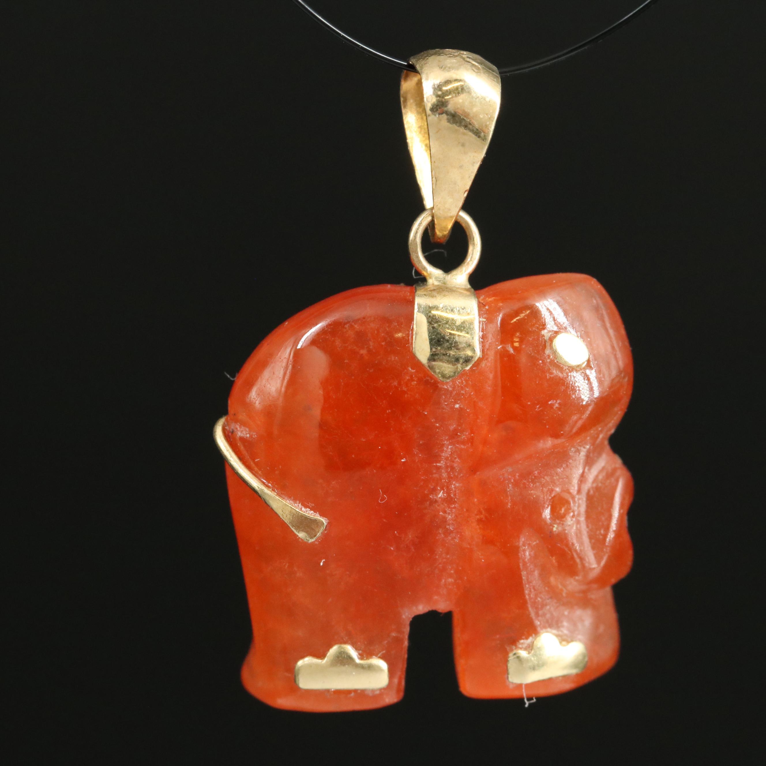14K Carved Jadeite Elephant Pendant