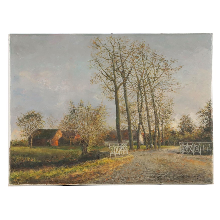 Hector Van Neer Farm Landscape Oil Painting, 1986