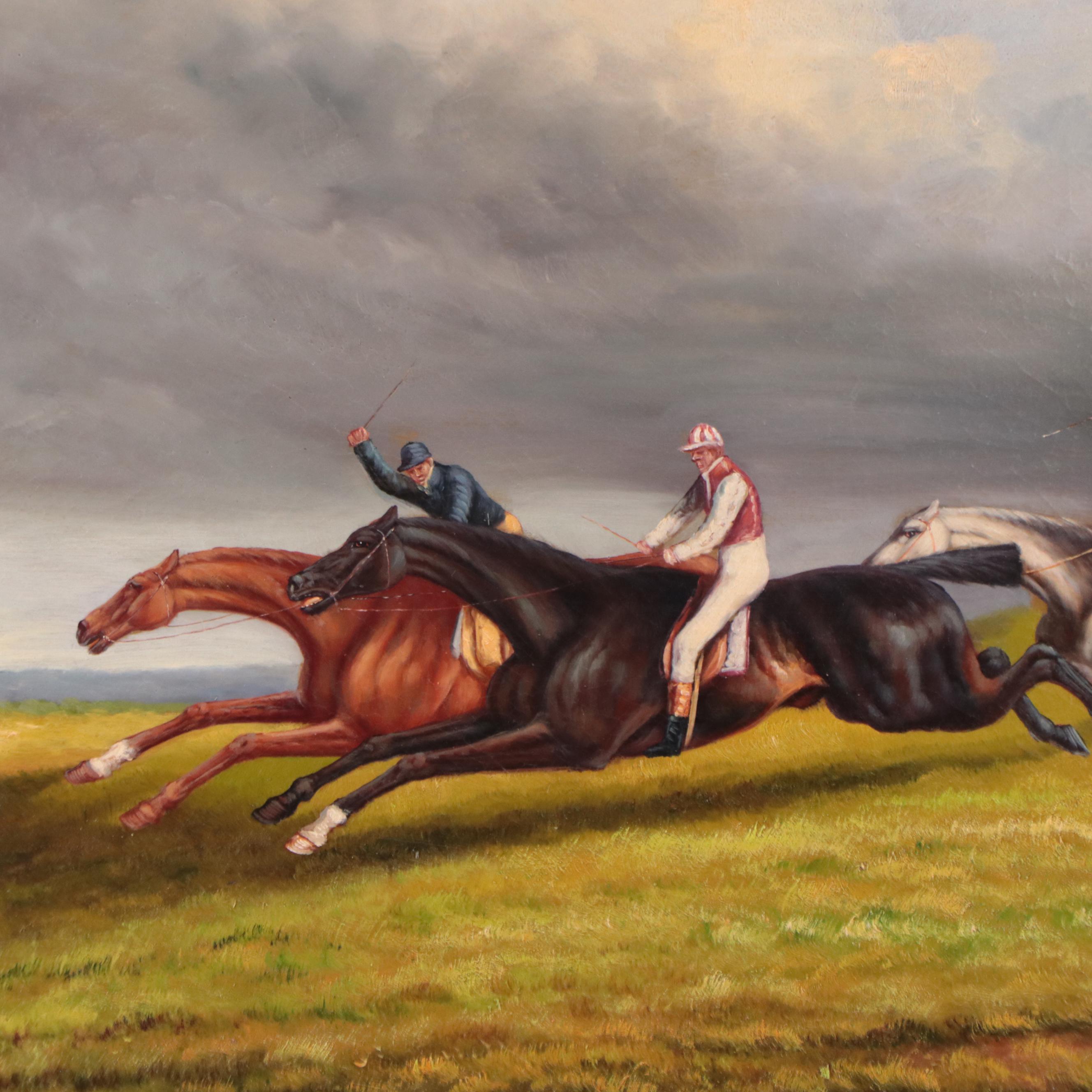 Oil Painting of Jockeys and Horses Running