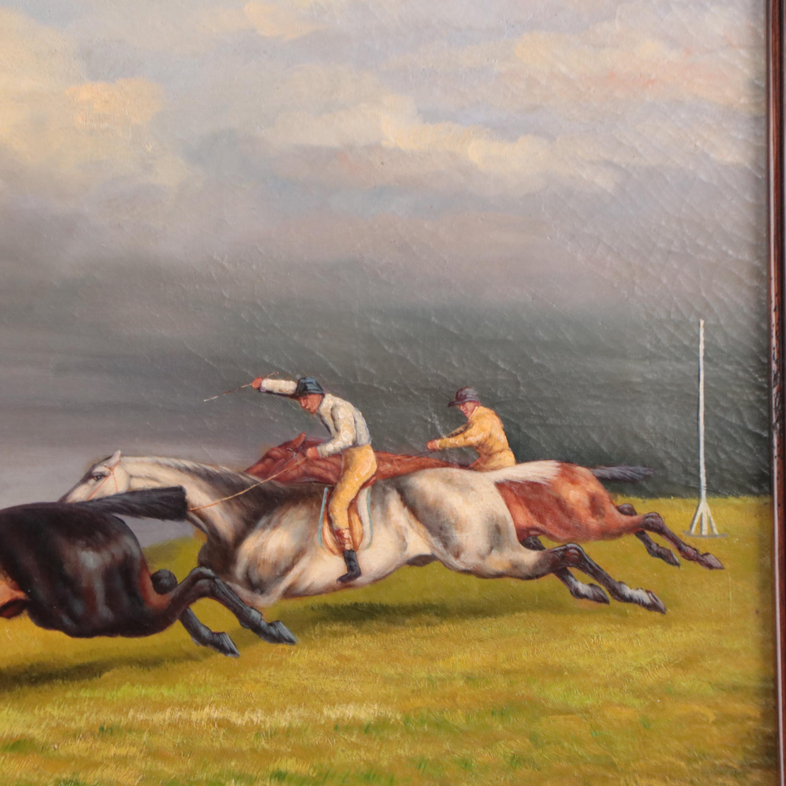 Oil Painting of Jockeys and Horses Running