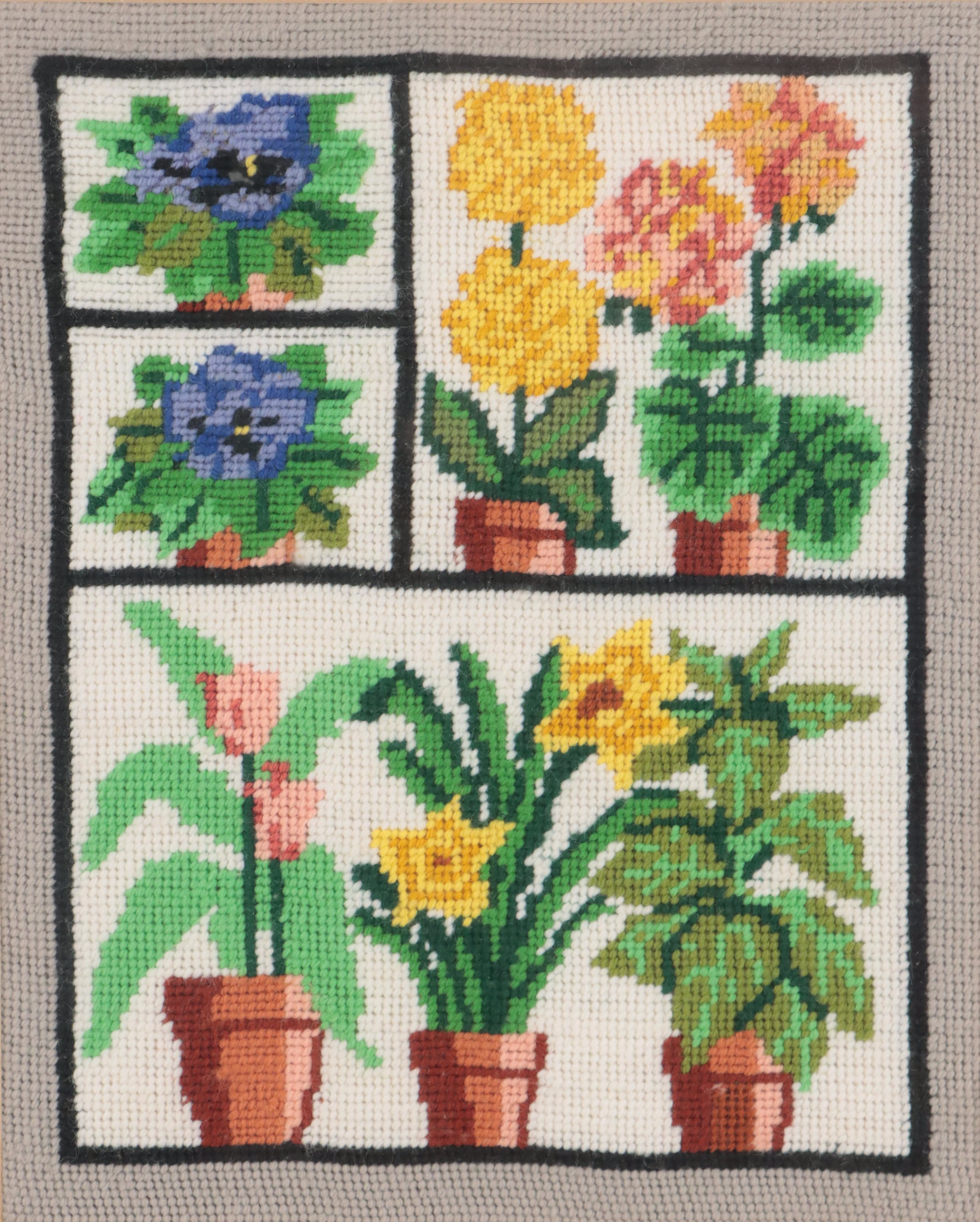 Framed Embroidered and Needlepoint Textiles With Floral and Animal Motifs