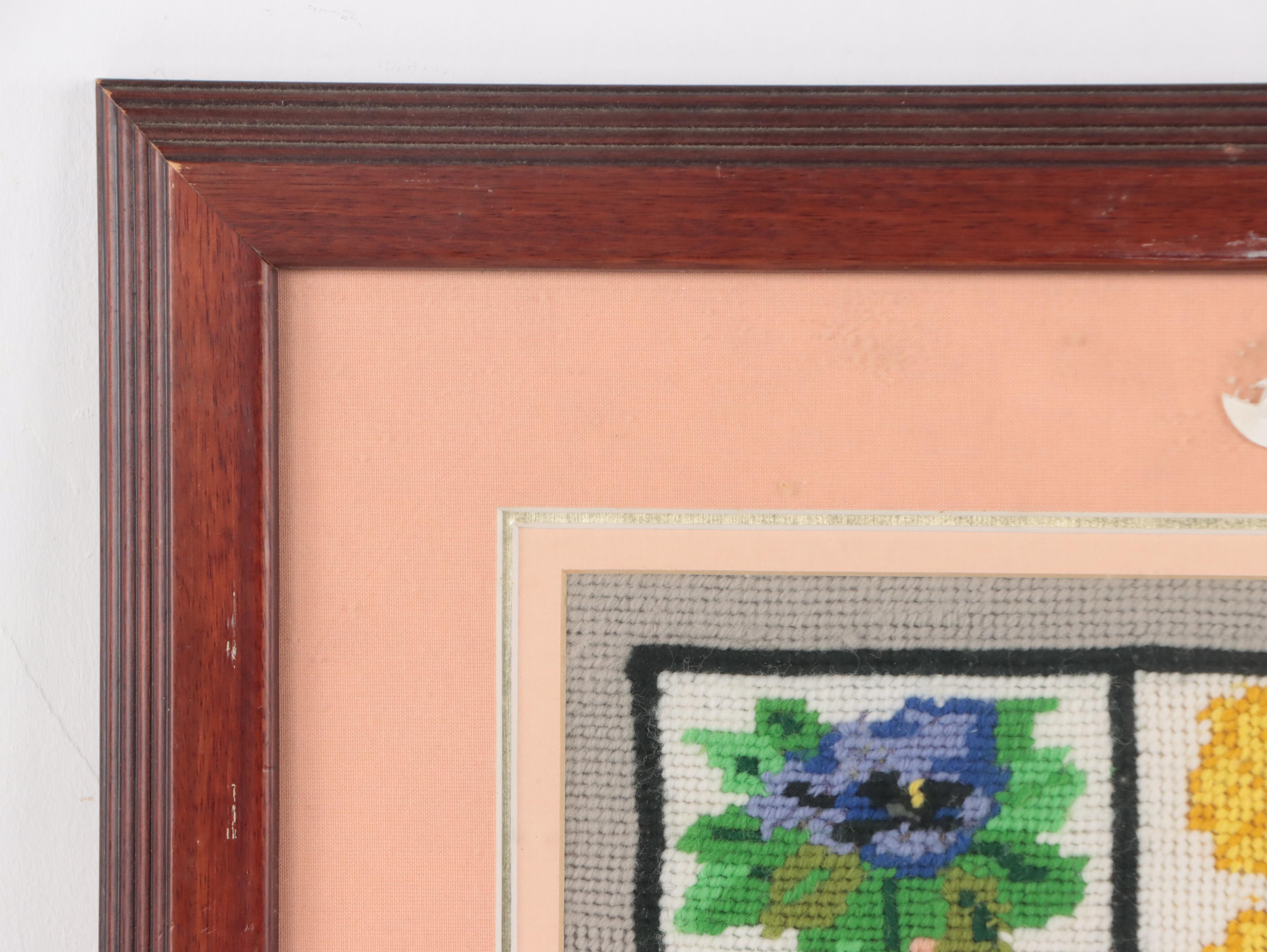 Framed Embroidered and Needlepoint Textiles With Floral and Animal Motifs