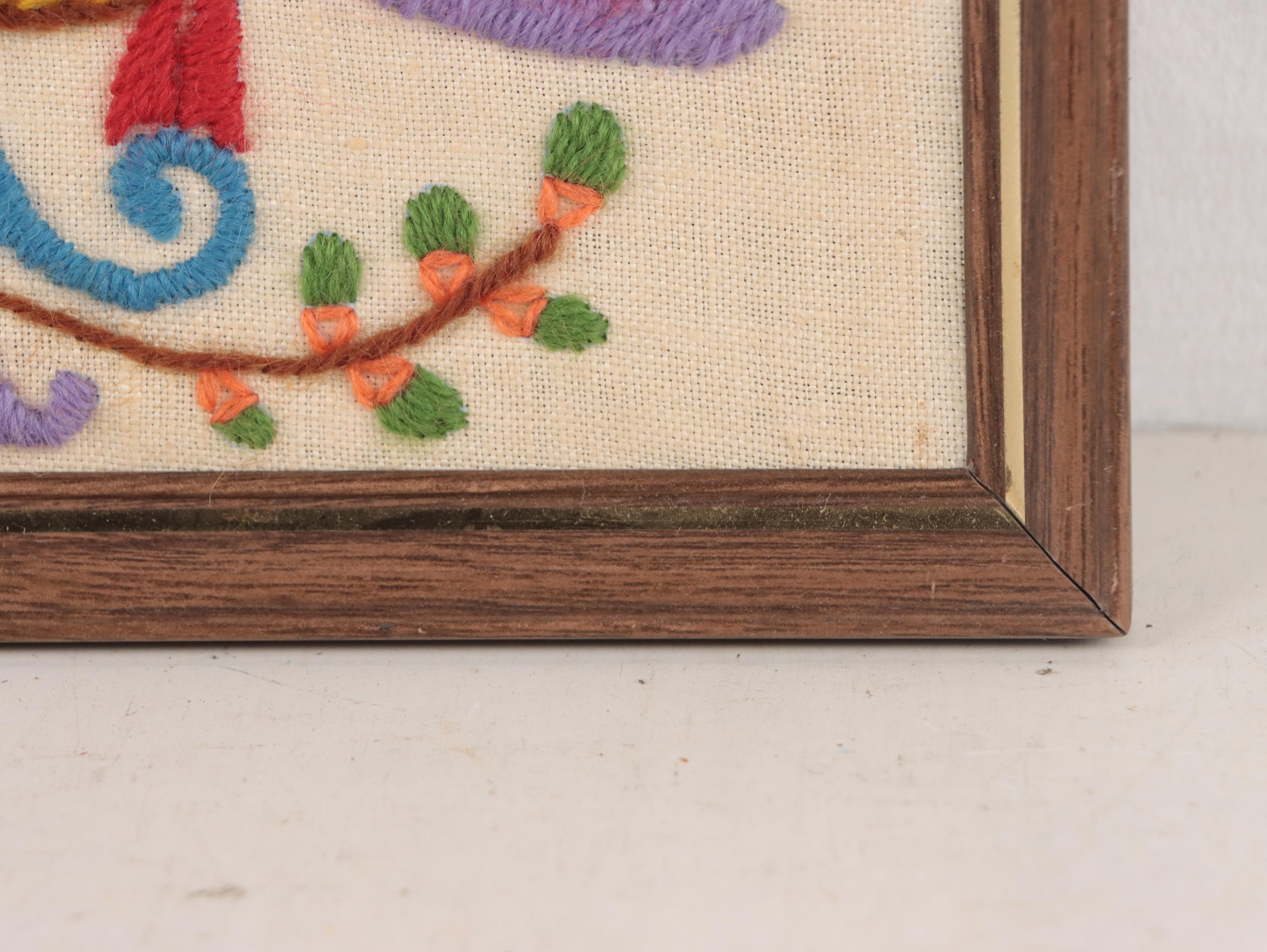 Framed Embroidered and Needlepoint Textiles With Floral and Animal Motifs