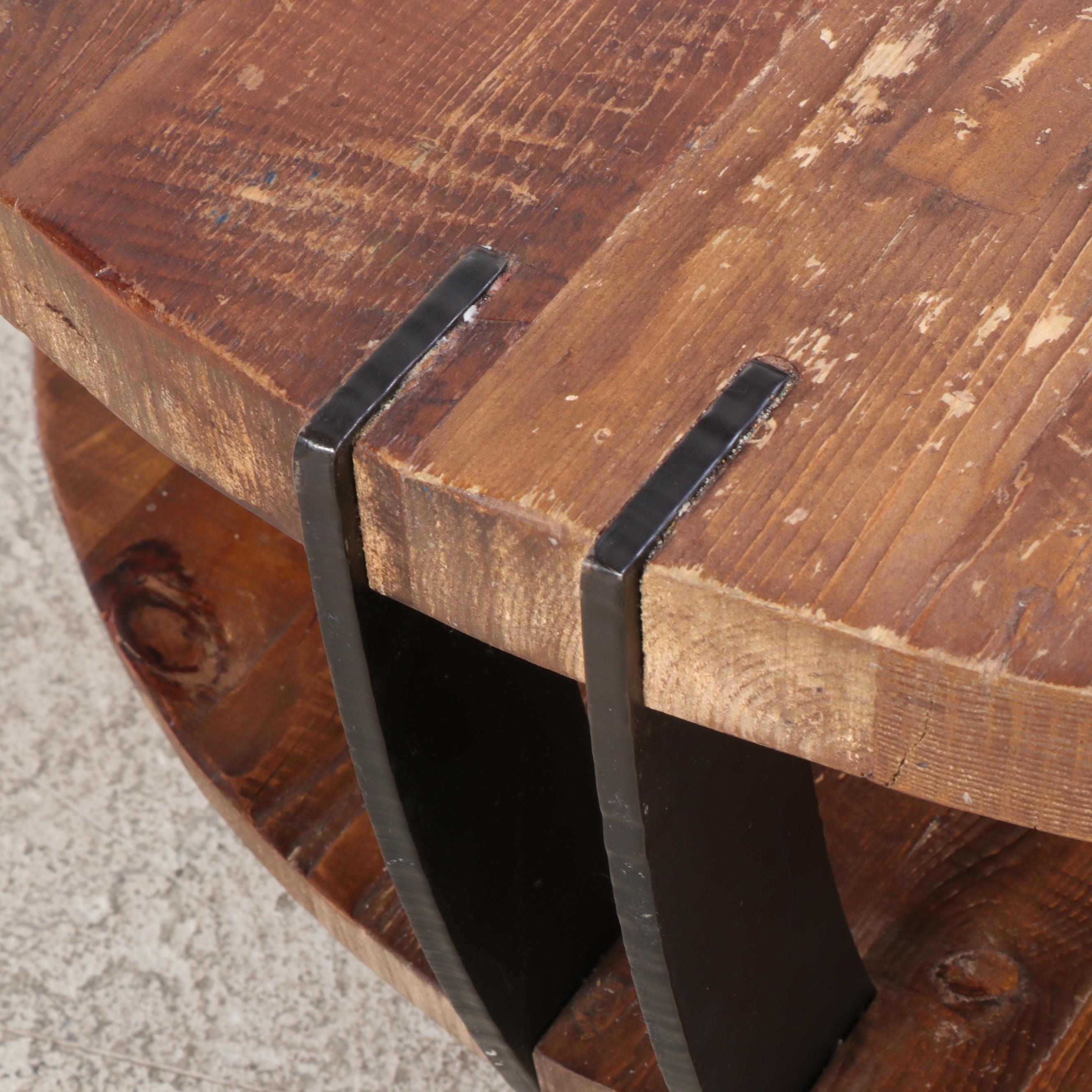 Industrial Style Pine and Patinated Metal Two-Tier Coffee Table