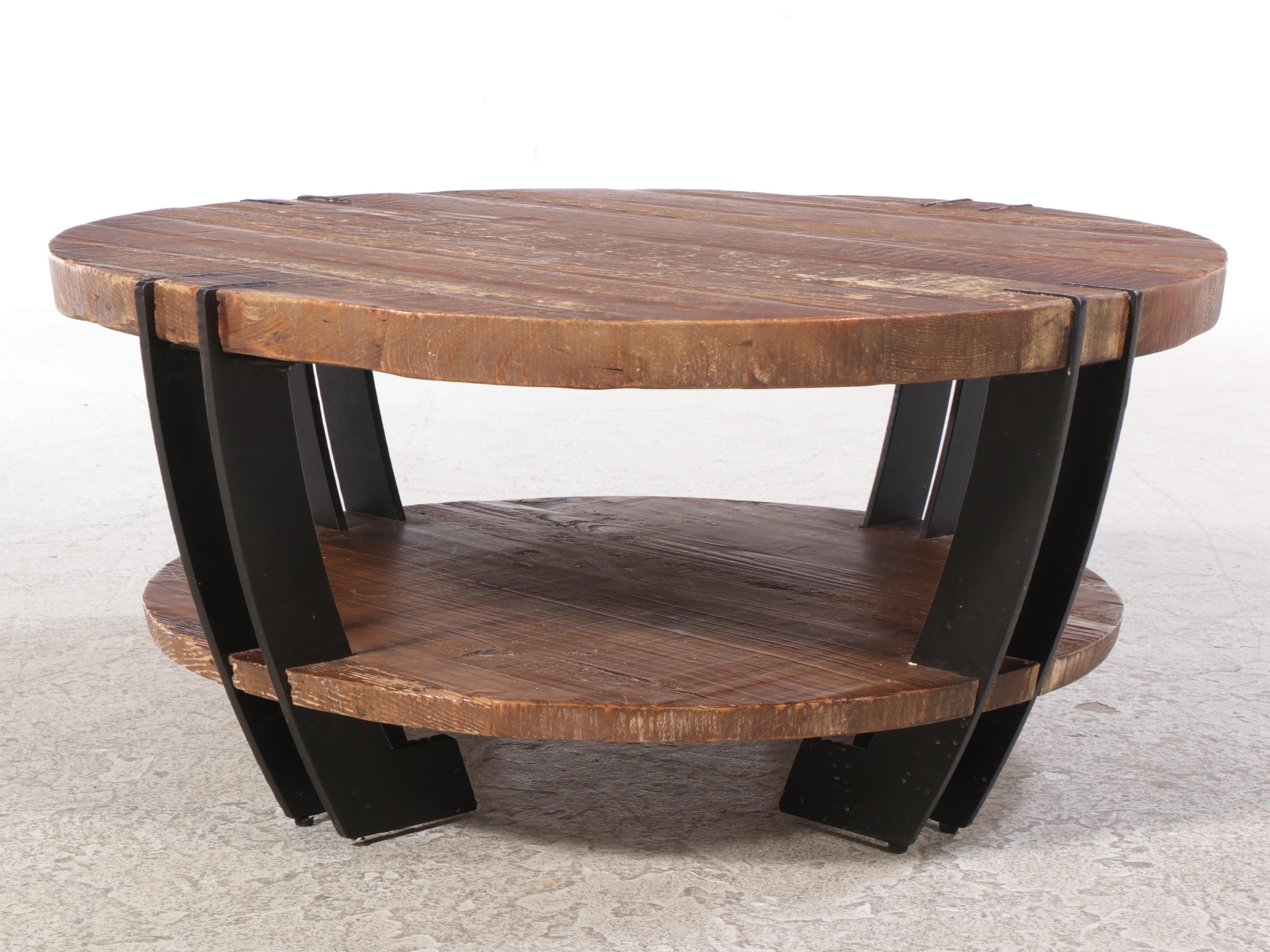 Industrial Style Pine and Patinated Metal Two-Tier Coffee Table