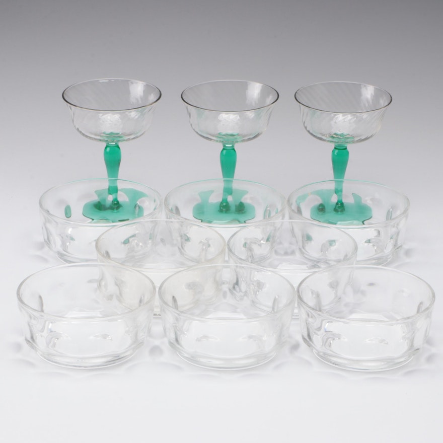 Tiffin-Franciscan "Green Festoon Optic" Uranium Glass Champagne Coupes with More