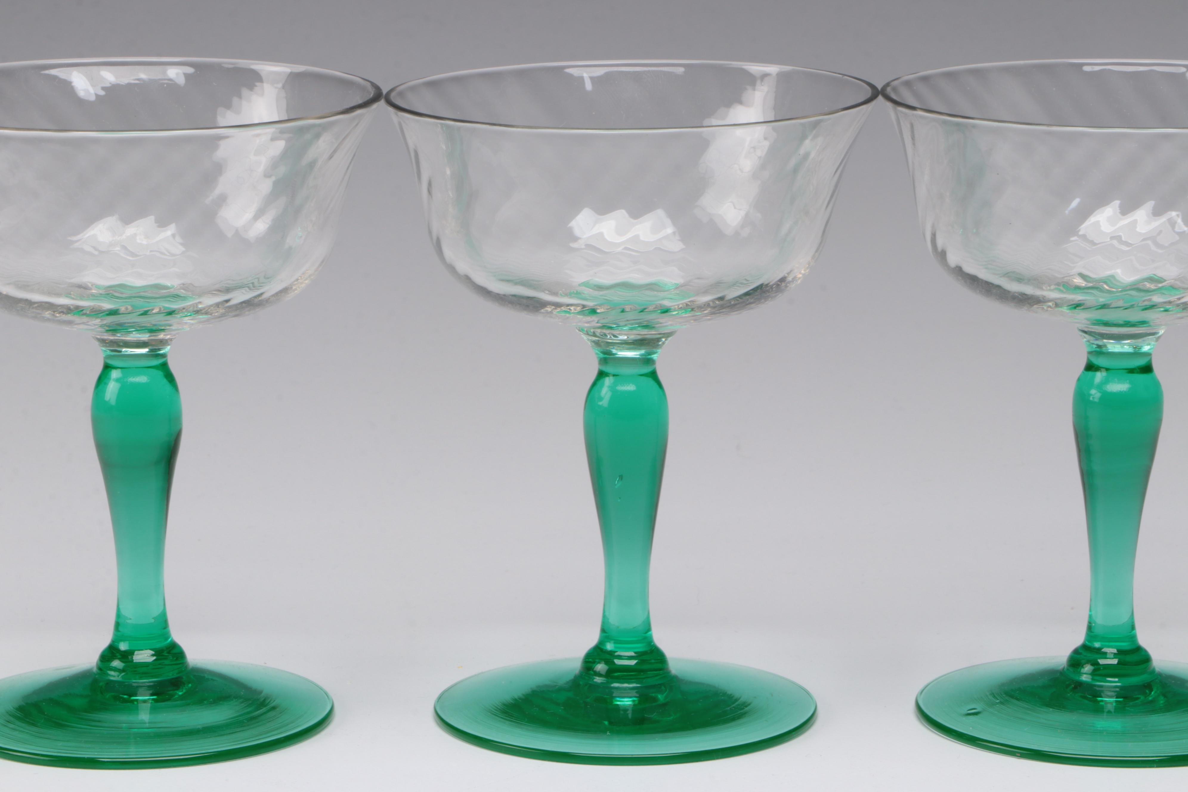 Tiffin-Franciscan "Green Festoon Optic" Uranium Glass Champagne Coupes with More