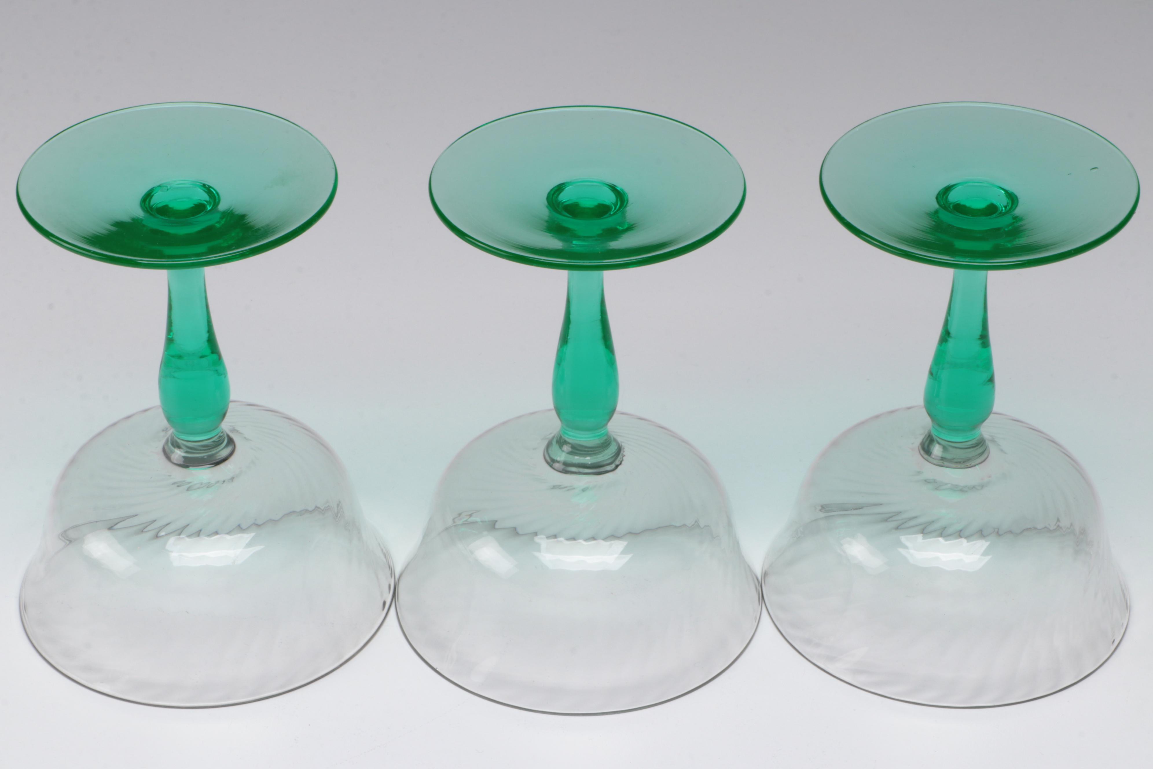 Tiffin-Franciscan "Green Festoon Optic" Uranium Glass Champagne Coupes with More