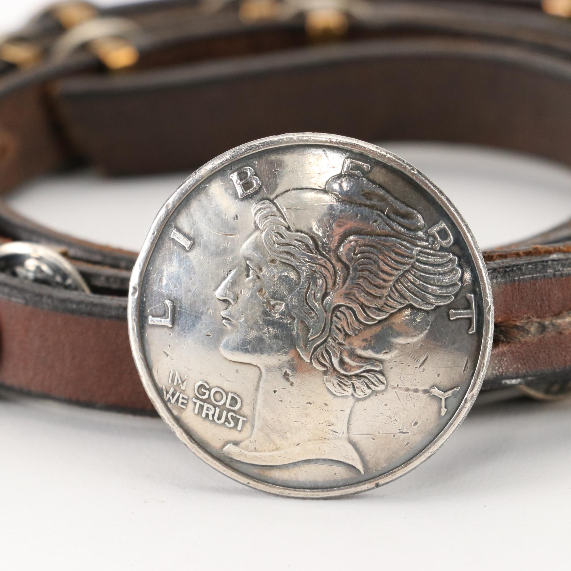 Southwestern Silver Mercury Dime and Leather Concho Belt