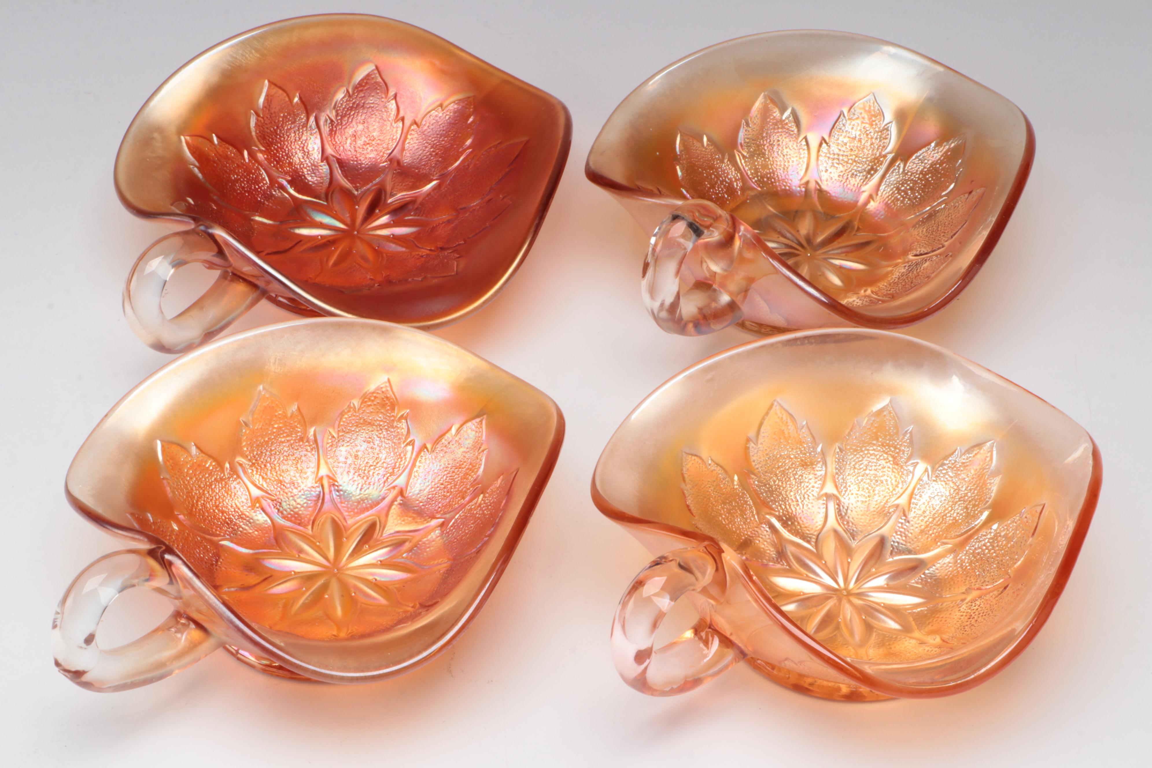 Fenton "Stag and Holly" Carnival Glass Bowl and Dugan "Leaf Ray" Nappys