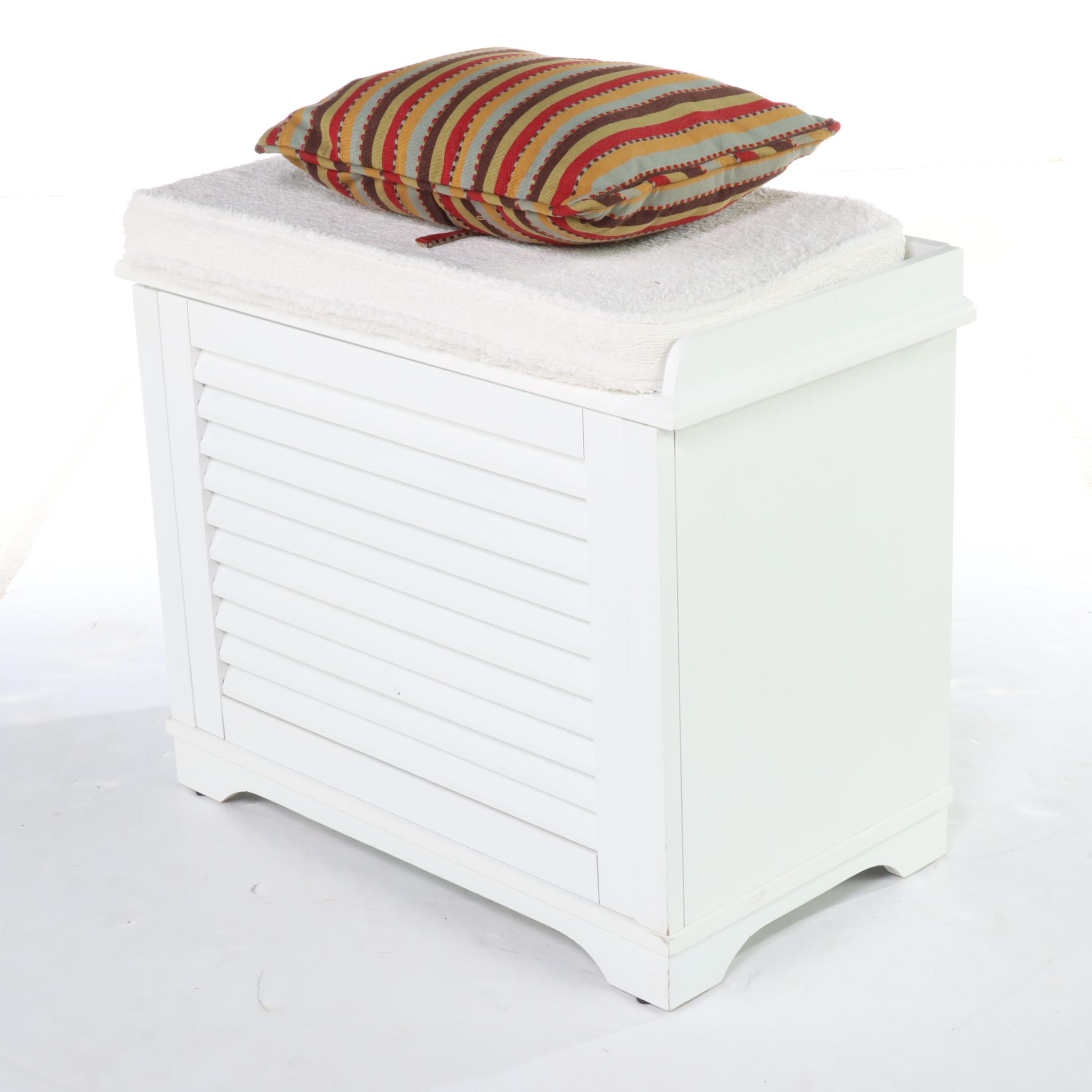 Pair of White-Painted Louvered Front Trunks with Cushion Tops