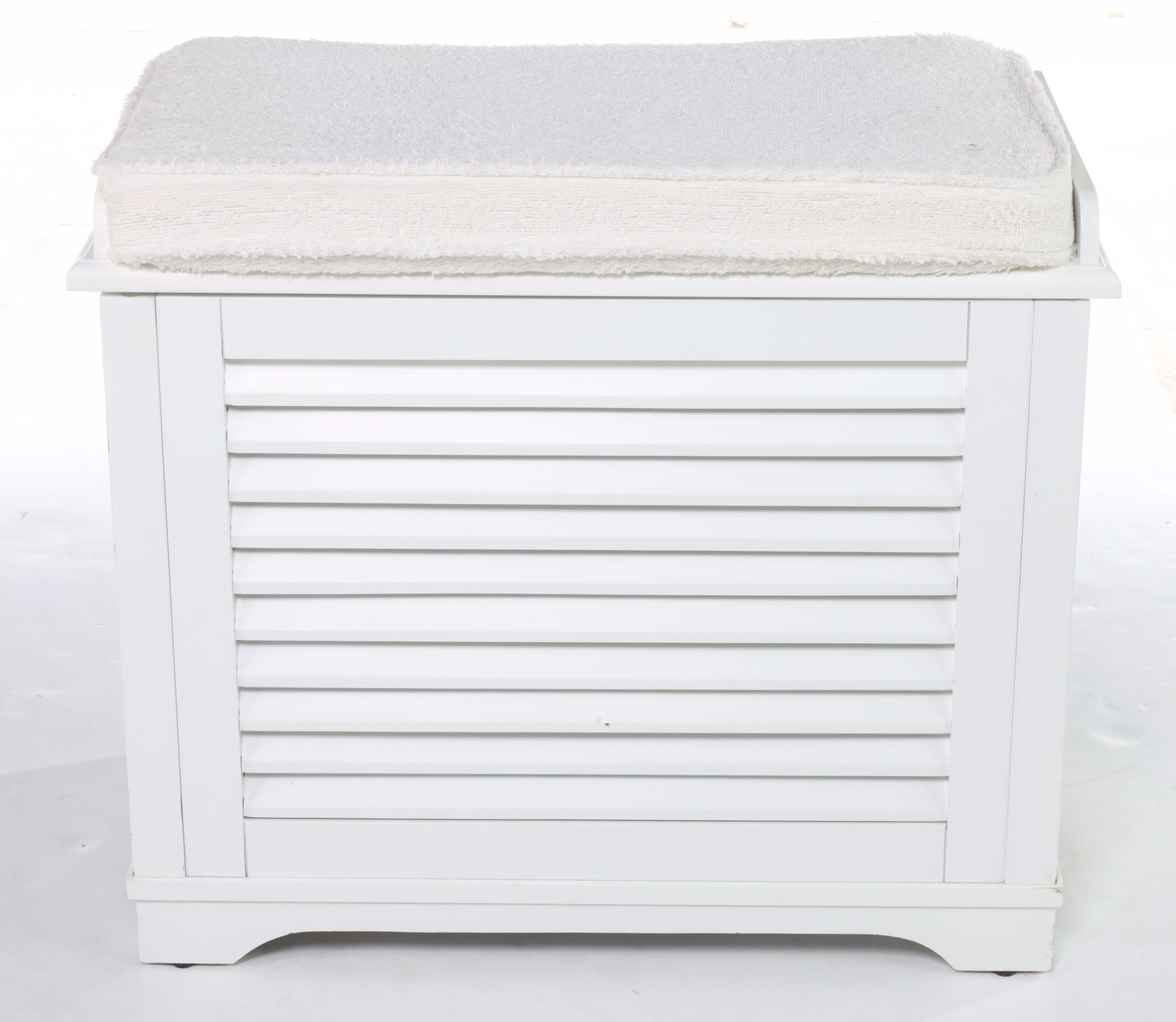 Pair of White-Painted Louvered Front Trunks with Cushion Tops