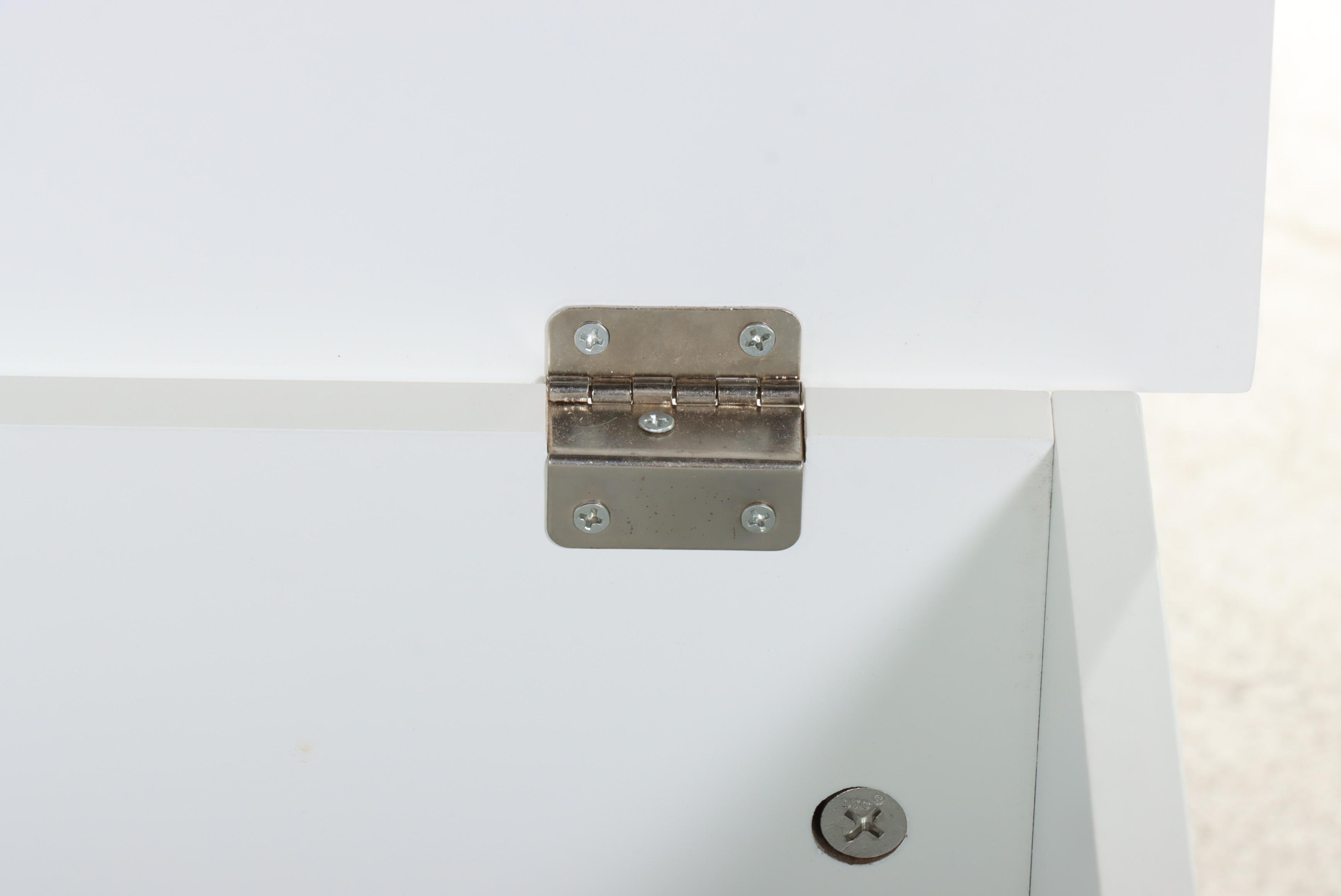 Pair of White-Painted Louvered Front Trunks with Cushion Tops