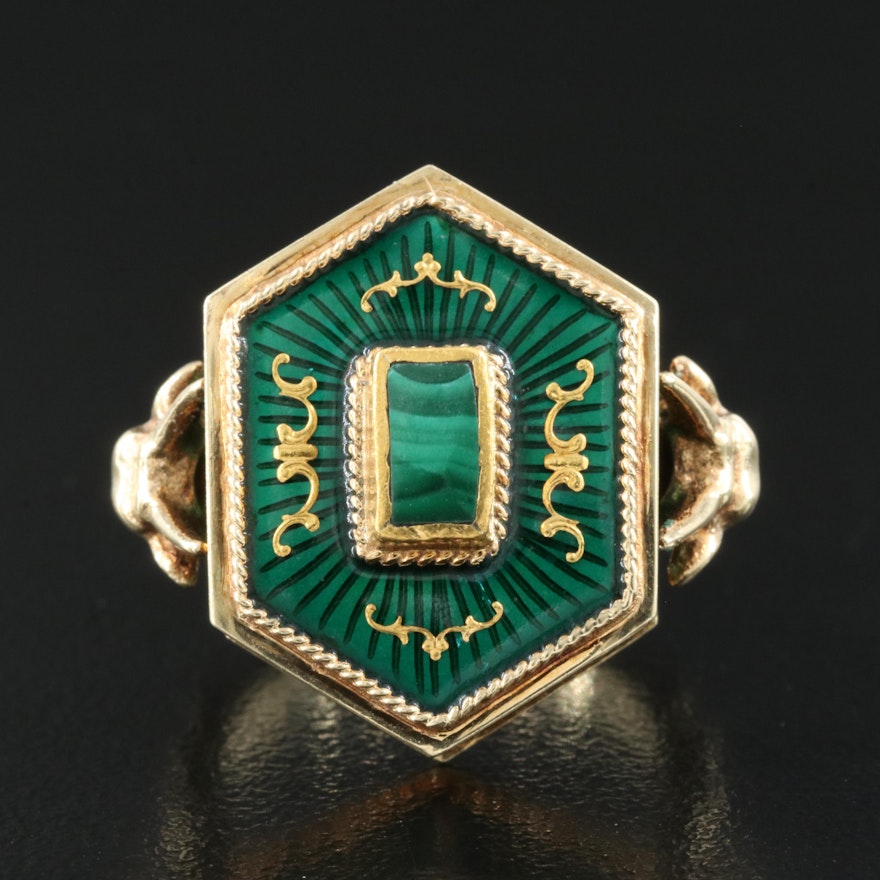 14K Malachite and Enamel Compartment Ring with Goat Head Detail