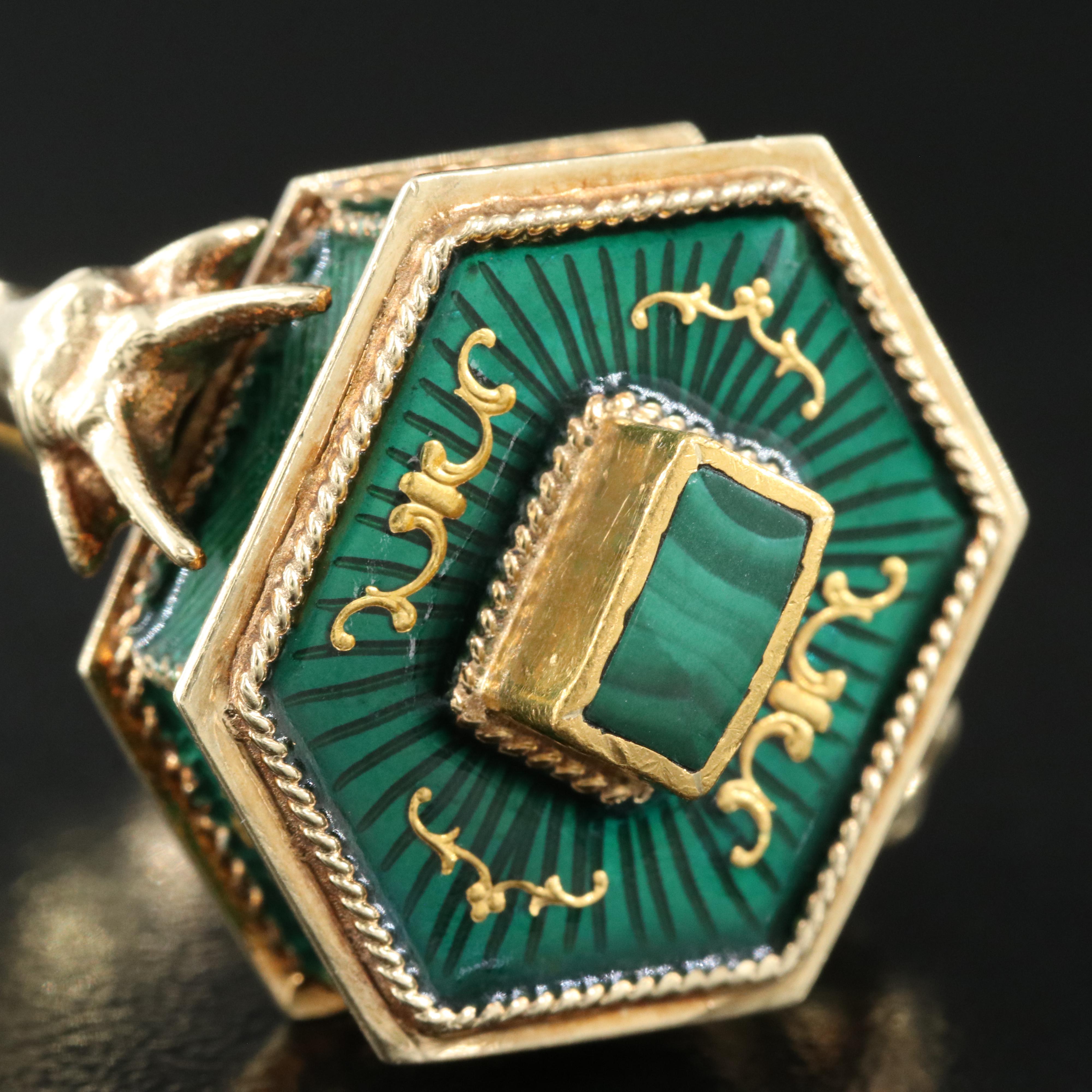 14K Malachite and Enamel Compartment Ring with Goat Head Detail