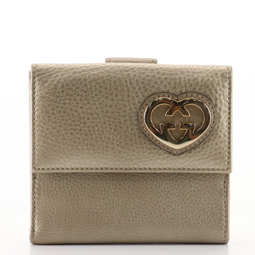 Gucci French Wallet in Metallic Gold Leather with Interlocking GG Heart Emblem