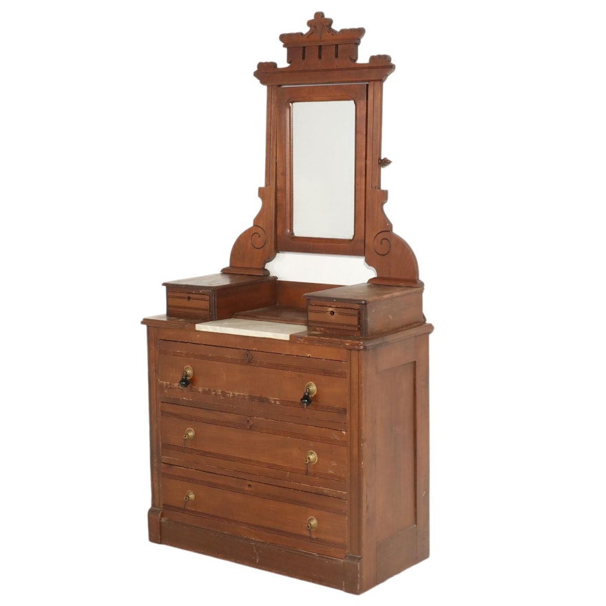 Victorian Eastlake Style Walnut Dresser with Mirror and Partial Marble Top
