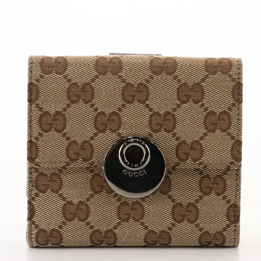 Gucci Eclipse Canvas and Cinghiale Leather Compact Wallet with Box