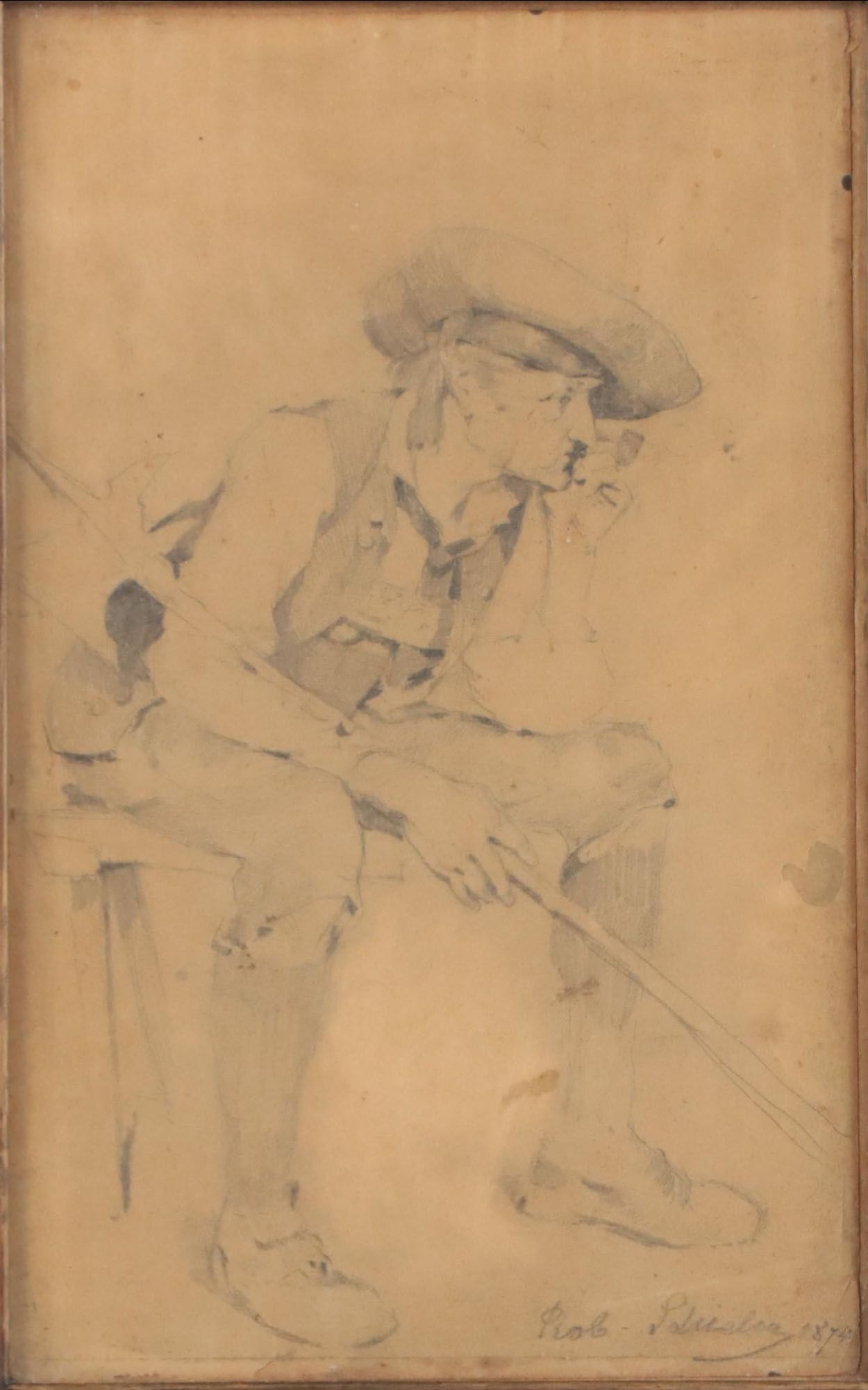 Graphite Drawing of Old Man Fishing, 1874
