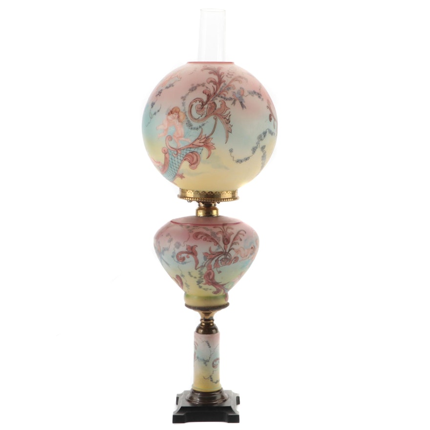 Baroque Style Hand-Painted Glass Parlor Table Lamp, Early to Mid-20th Century