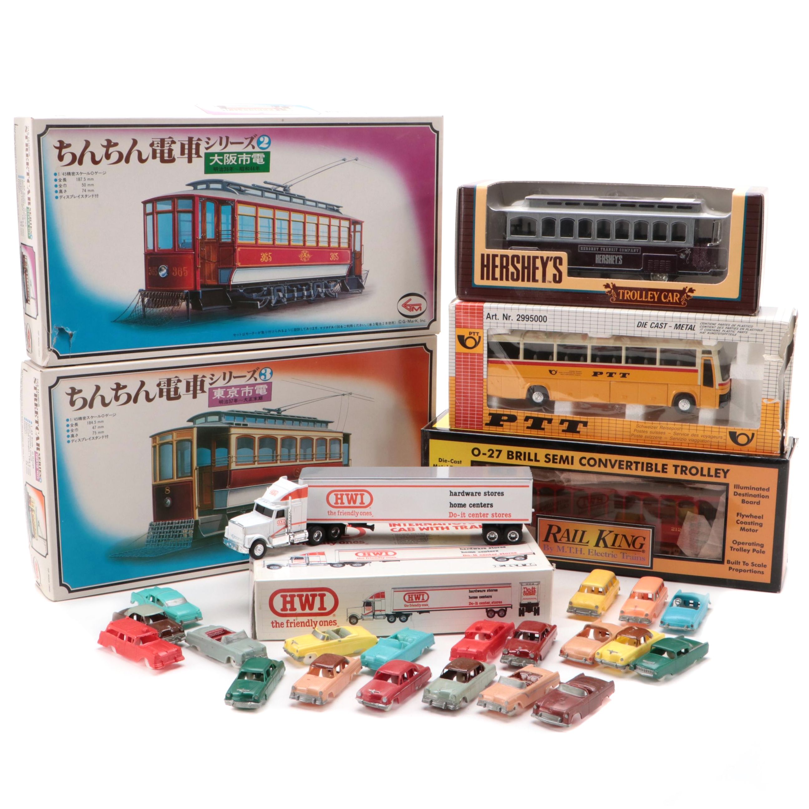 Japanese O Gauge Model Streetcars with Other Model Trolleys, Trucks and Cars