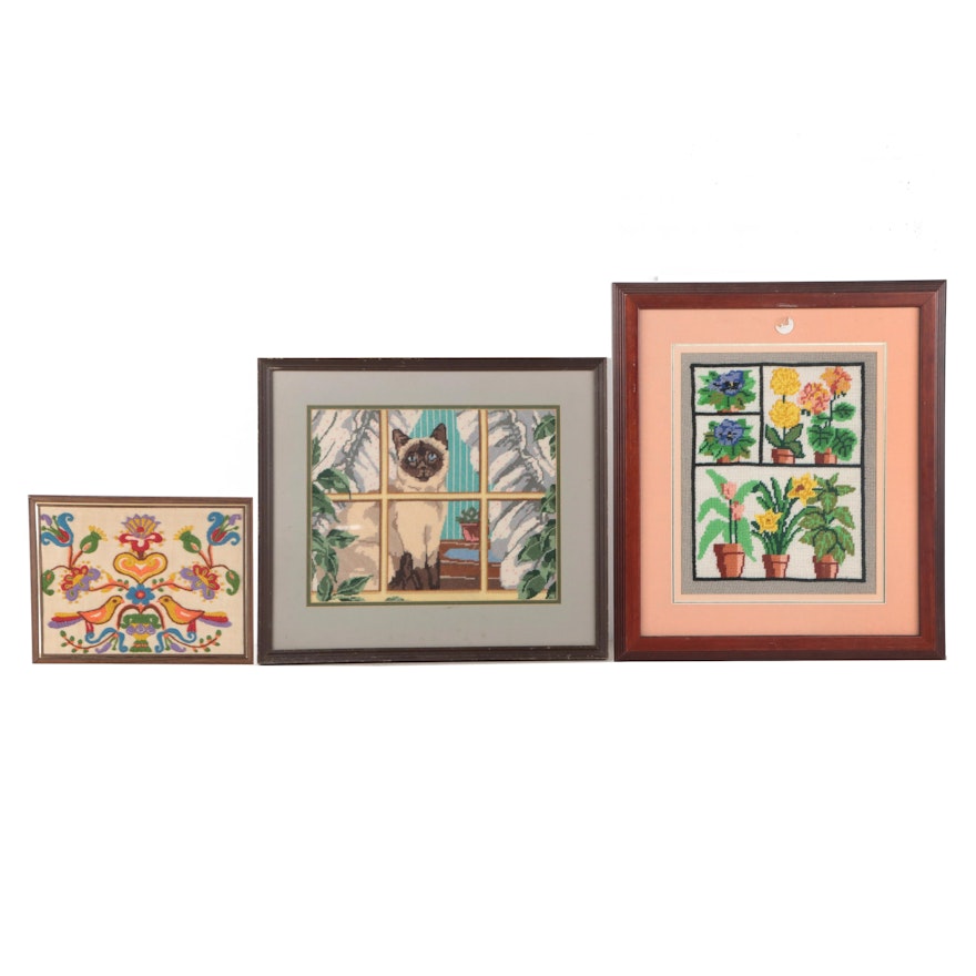 Framed Embroidered and Needlepoint Textiles With Floral and Animal Motifs