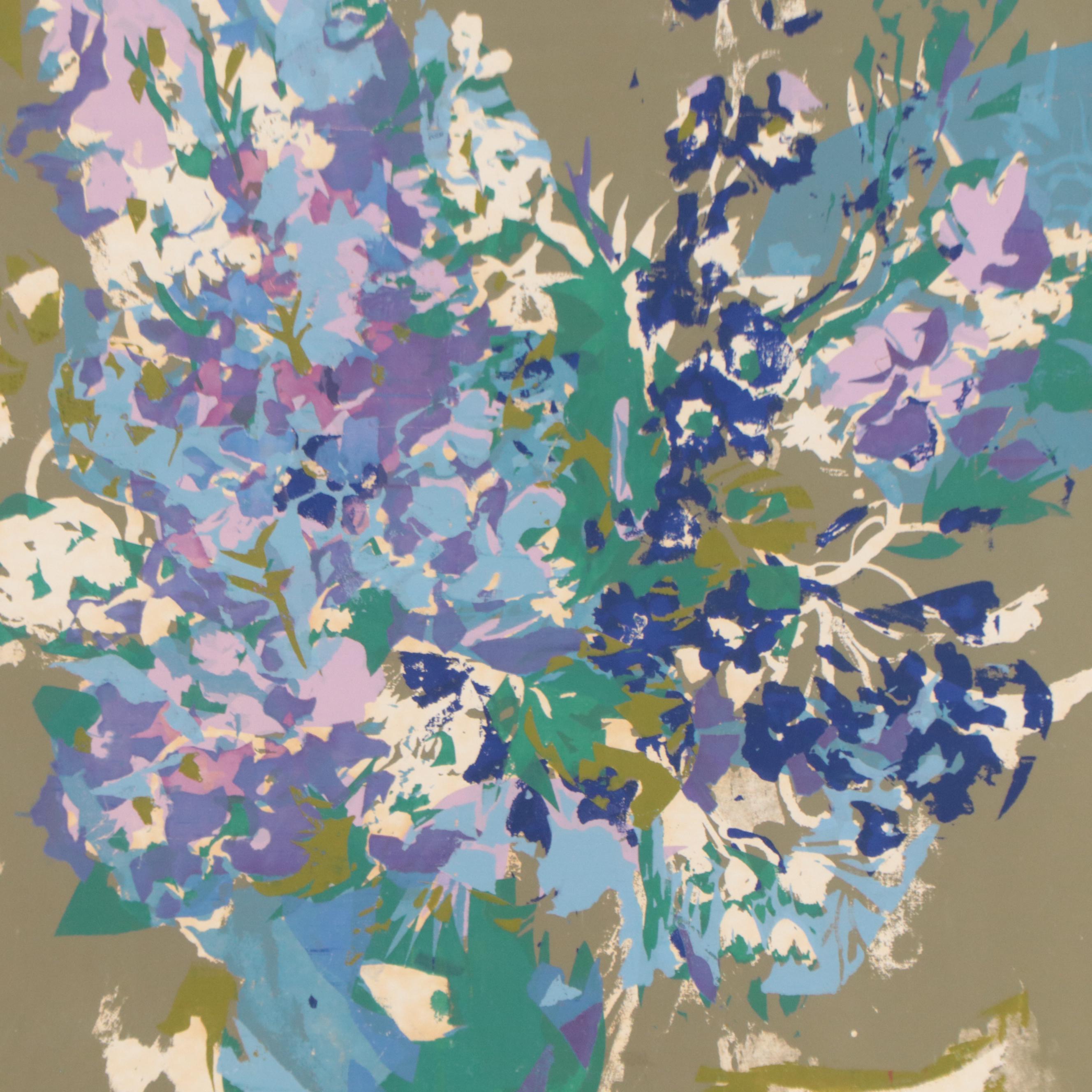 Sally Swiss Floral Still Life Serigraph "Flowers of Blue," 1972
