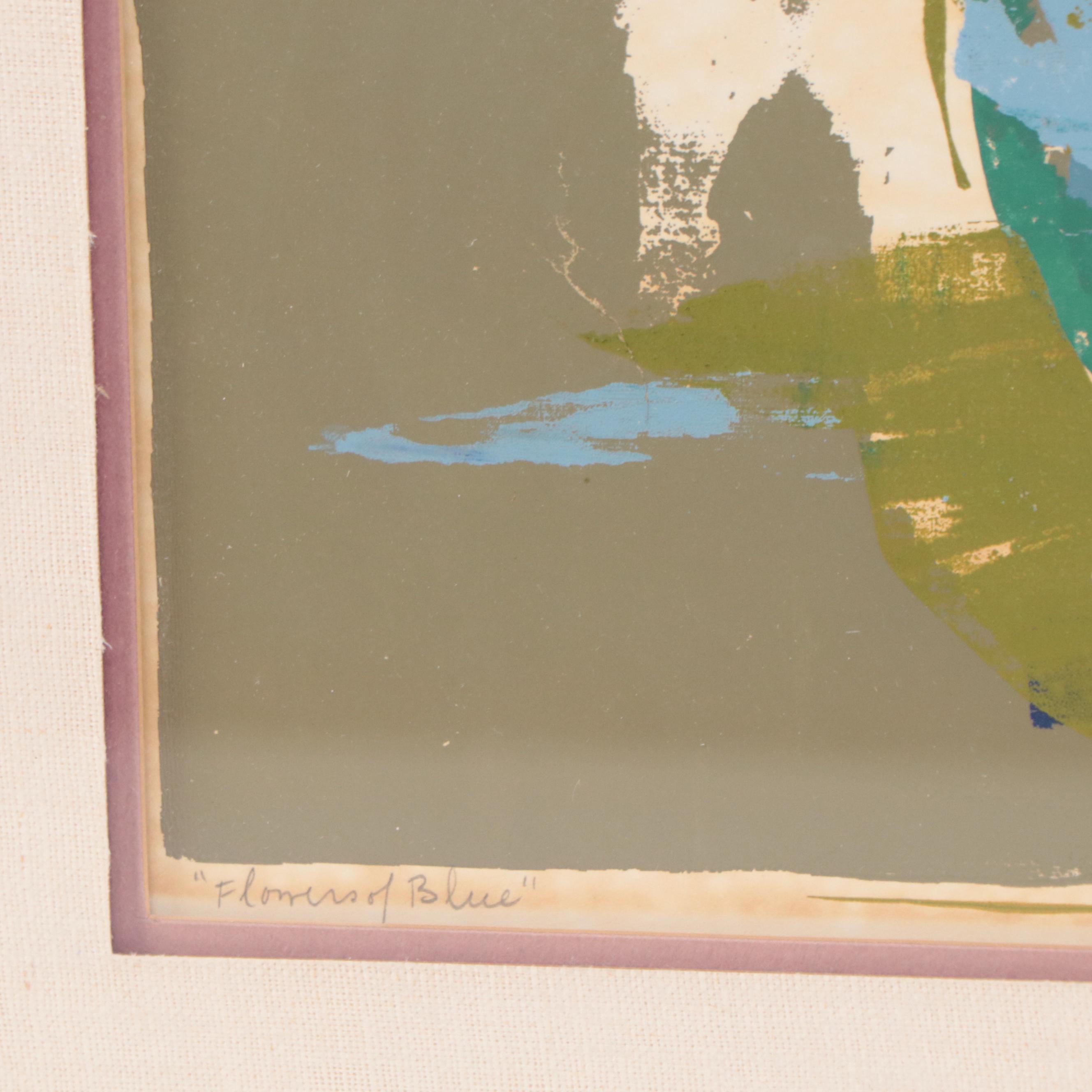 Sally Swiss Floral Still Life Serigraph "Flowers of Blue," 1972