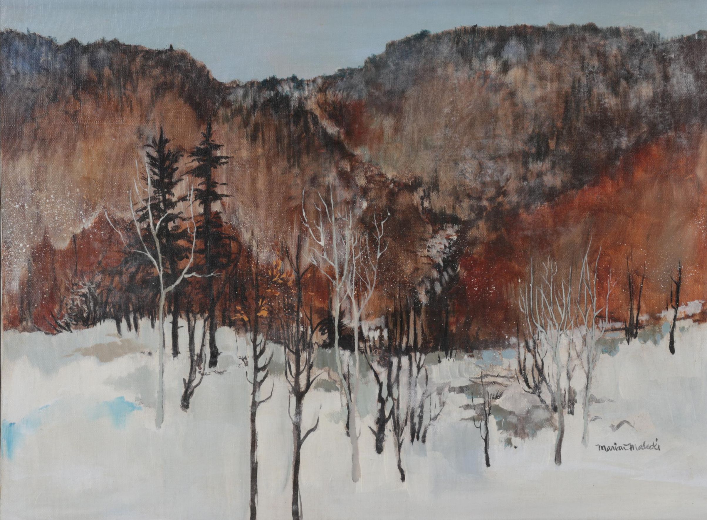 Marian Malacki Oil Painting of Mountainside Forest in Winter, Circa 1970