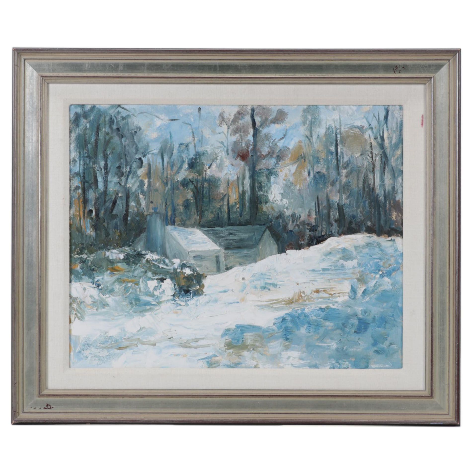 Snowbound Cottage Landscape Oil Painting, Circa 1999