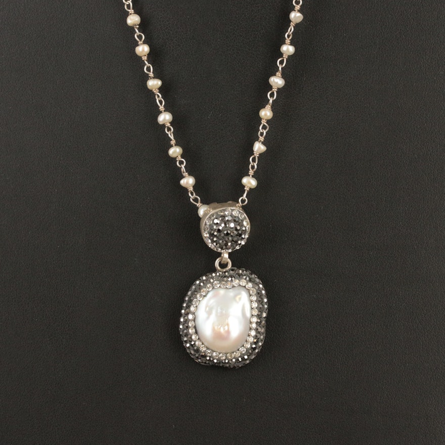 Sterling Pearl Pendant Necklace with Glass Accents