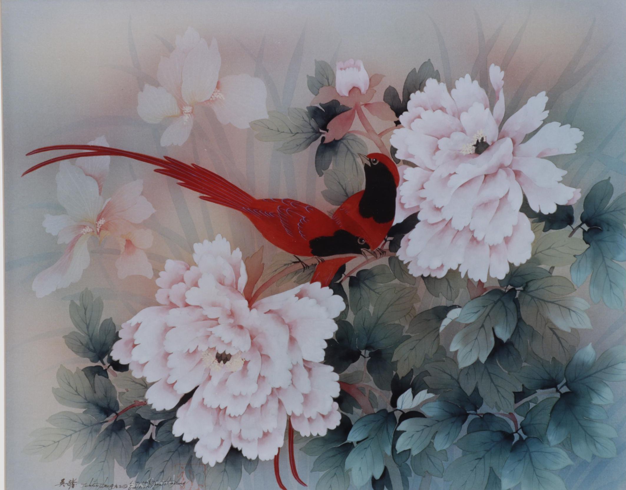 Johnny Lung Giclée "Pink Peonies and Red Birds," Circa 1993