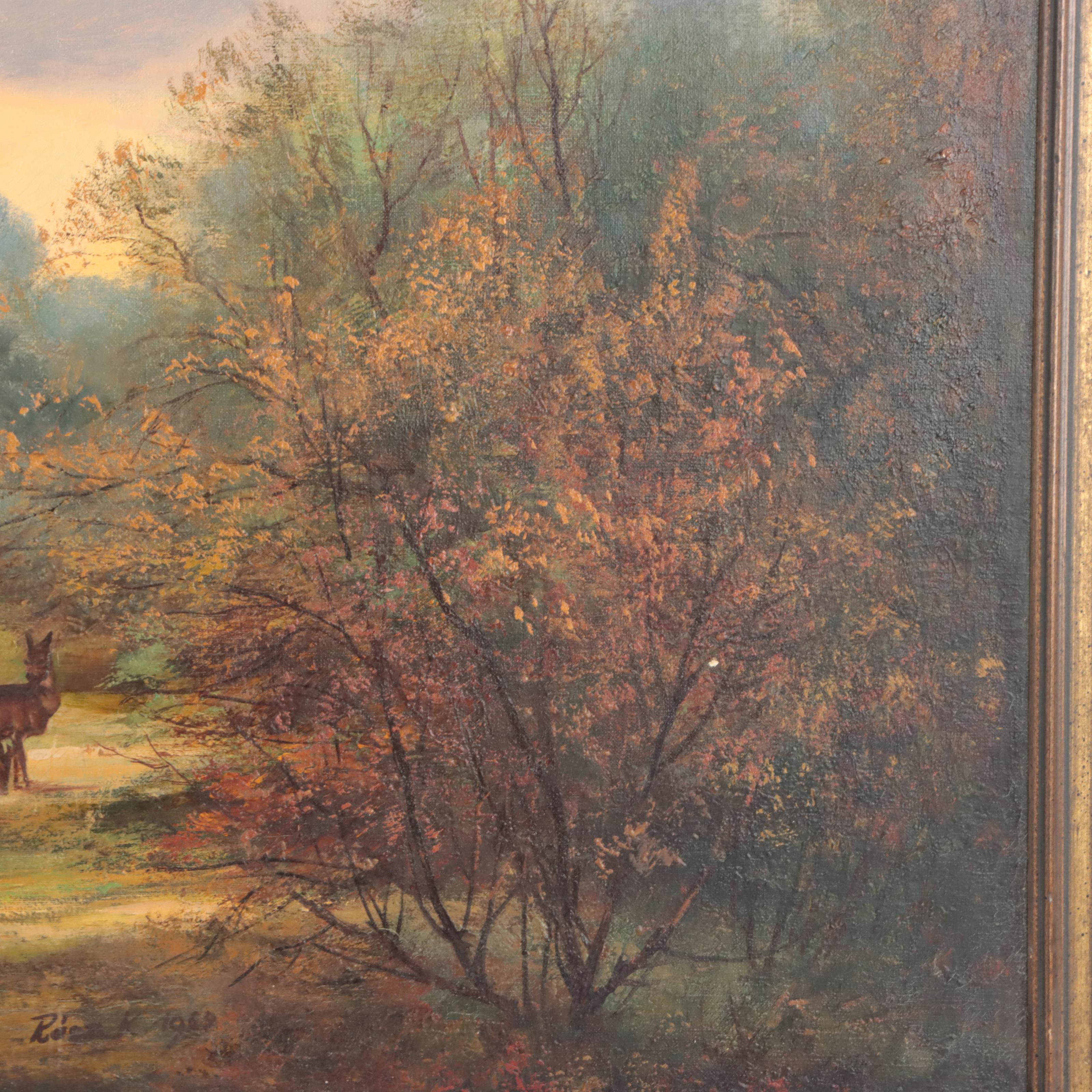 Oil Painting of Deer in Verdant Forest Landscape, 1969