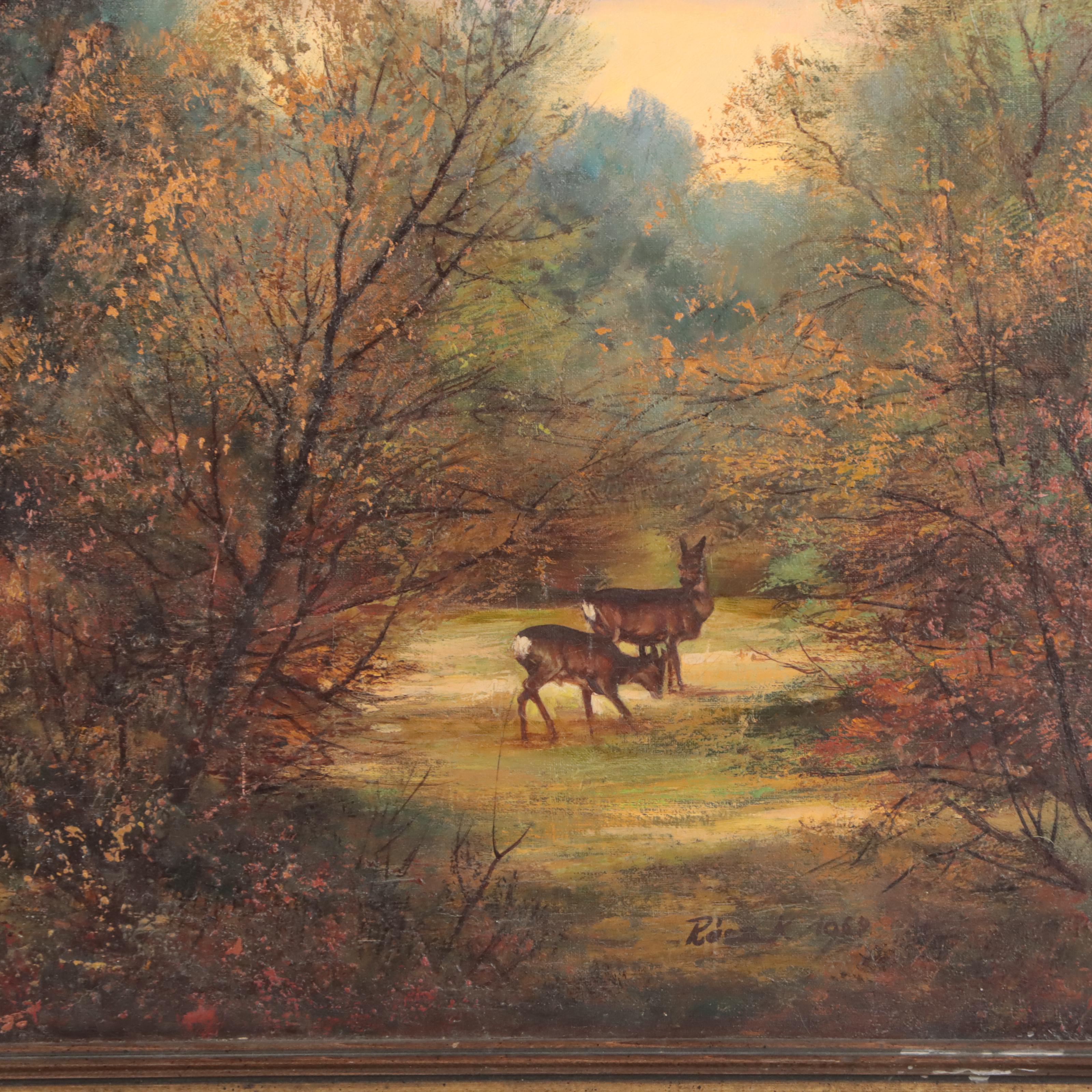 Oil Painting of Deer in Verdant Forest Landscape, 1969