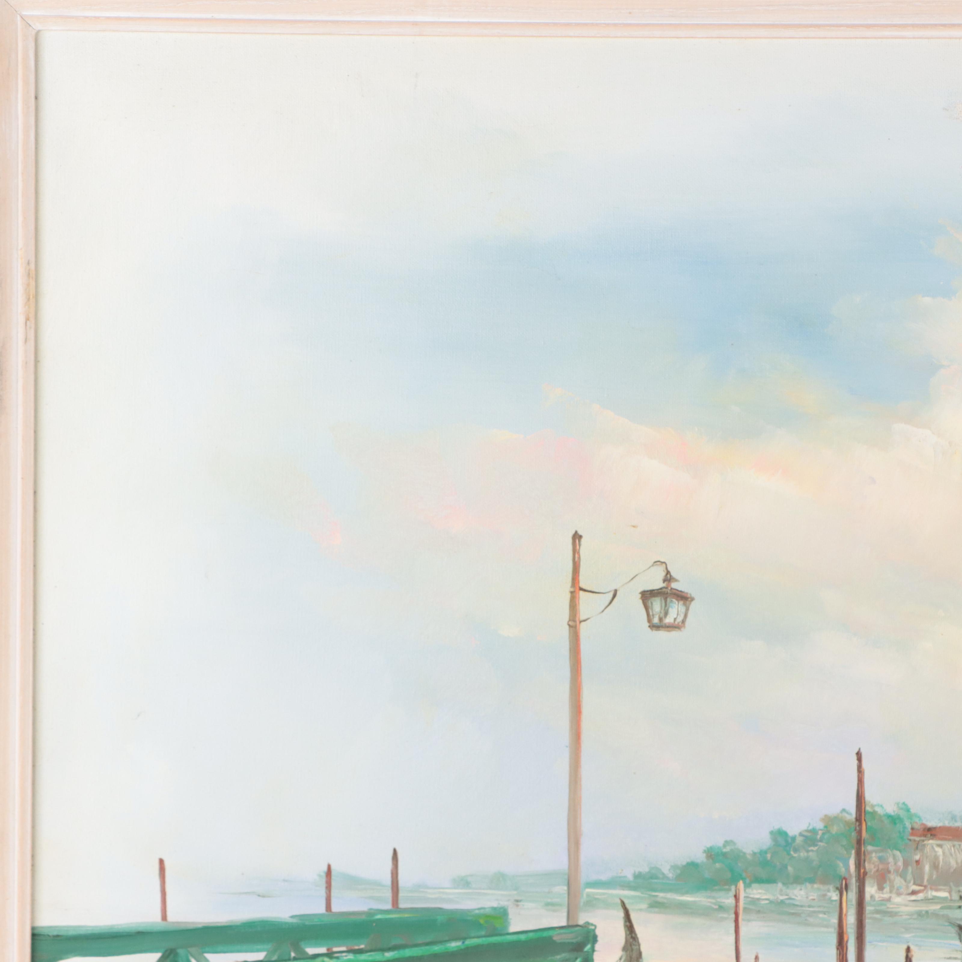 Oil Painting of Boats in Harbor Scene