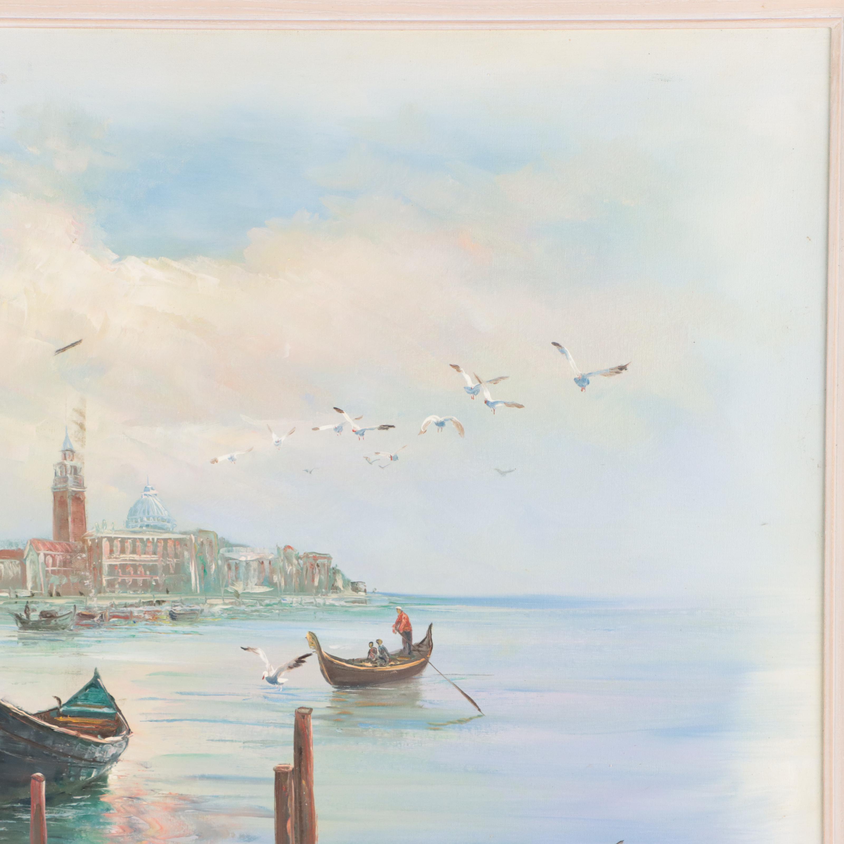 Oil Painting of Boats in Harbor Scene