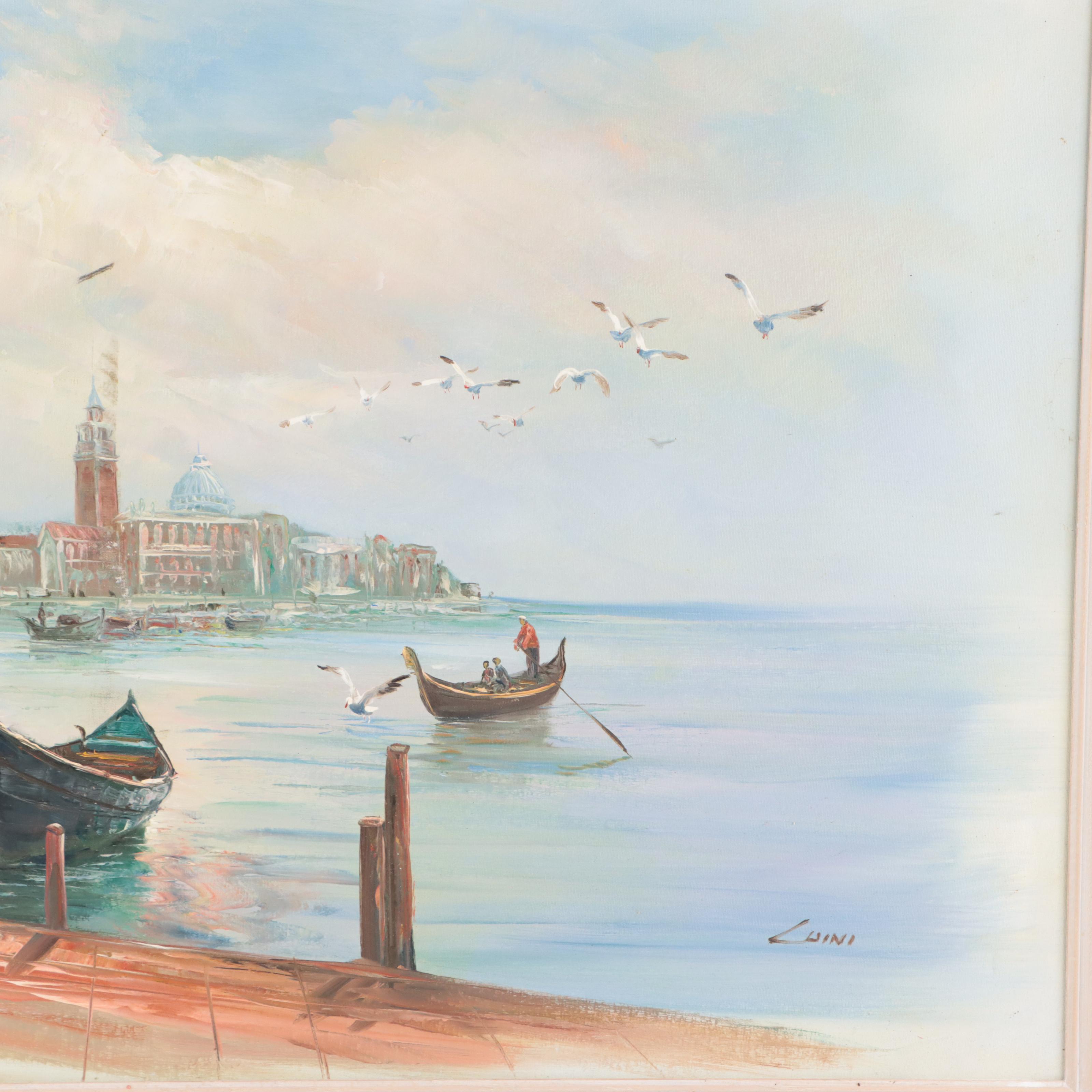 Oil Painting of Boats in Harbor Scene