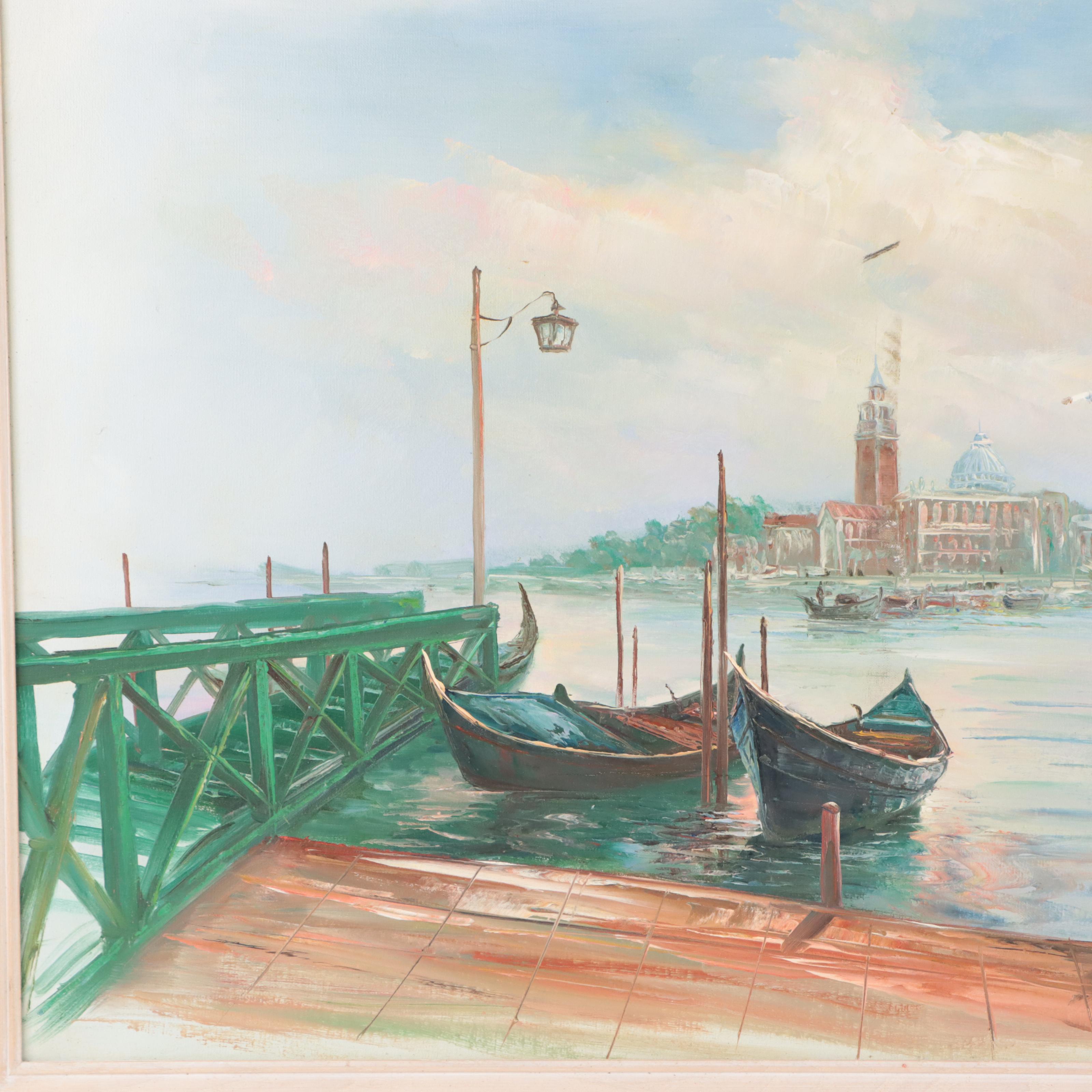 Oil Painting of Boats in Harbor Scene