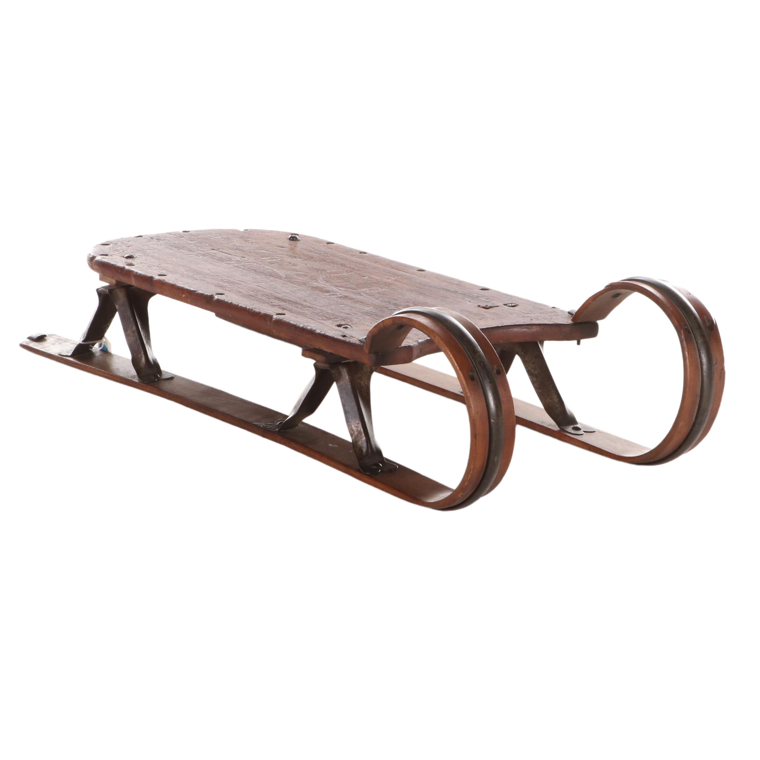 American Carved Wood Sled with Bentwood Runners, Early 20th Century